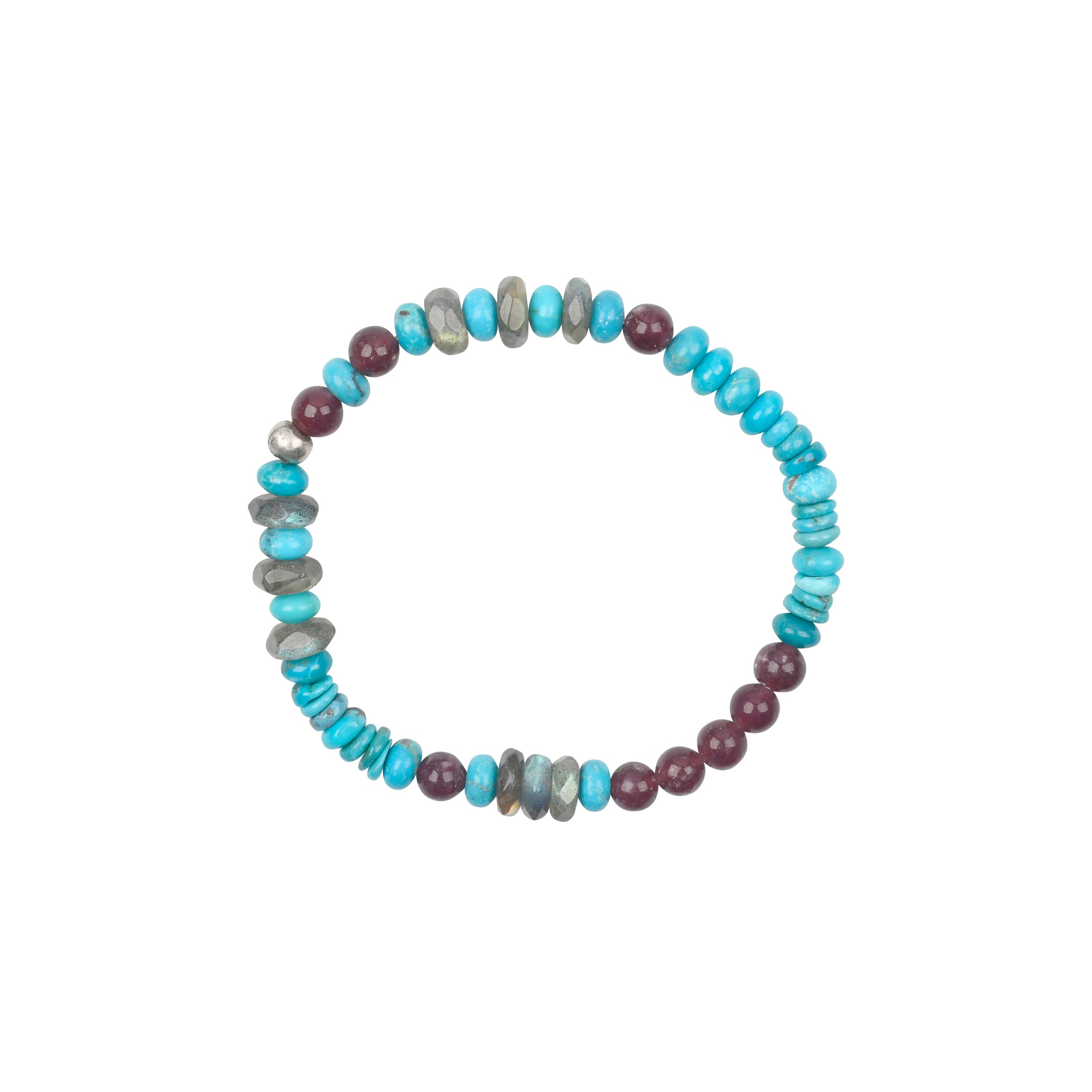 A beaded stretch bracelet strung with blue turquoise, iolite, labradorite and sterling silver accent beading