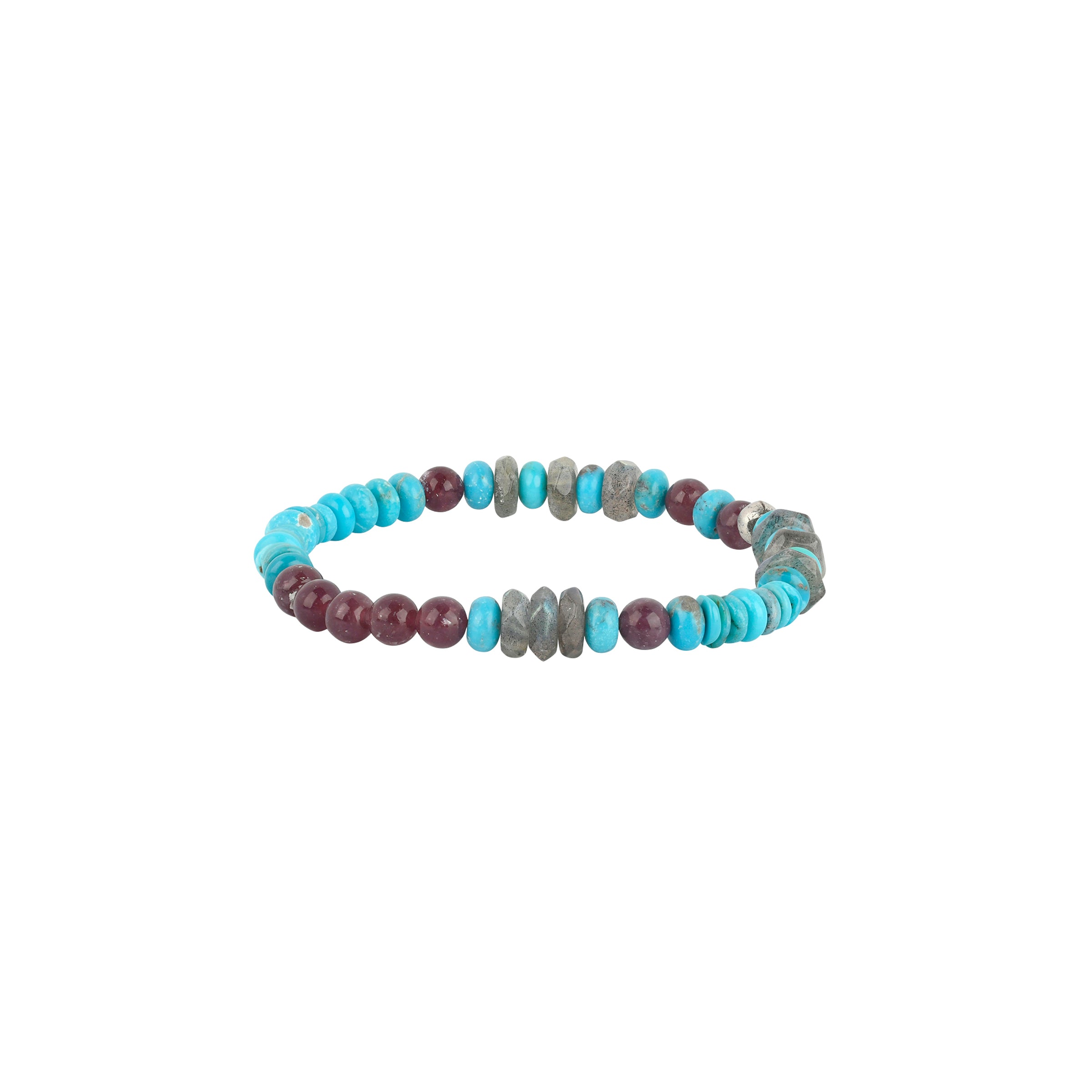 A beaded stretch bracelet strung with blue turquoise, iolite, labradorite and sterling silver accent beading