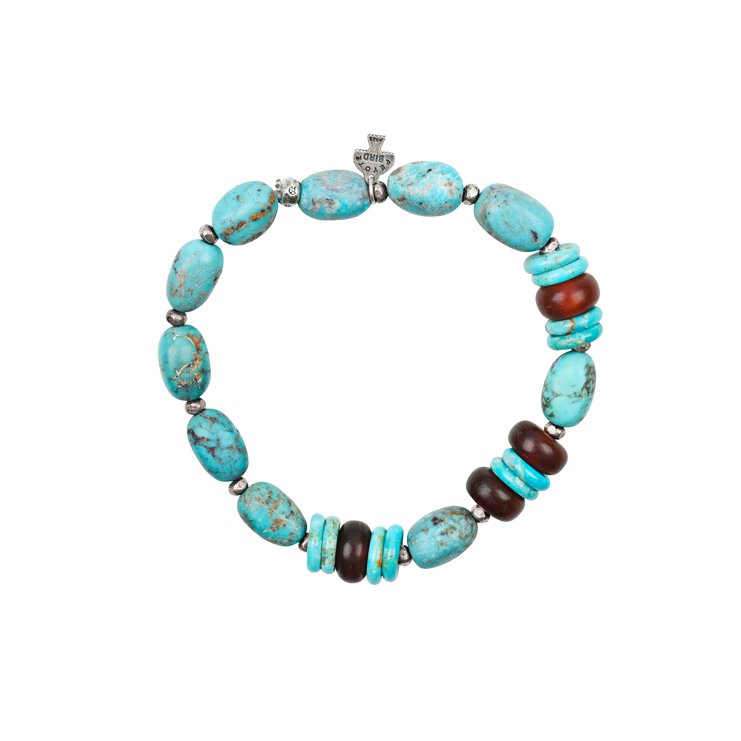 A beaded stretch bracelet strung with blue turquoise, amber, wood, and sterling silver beading