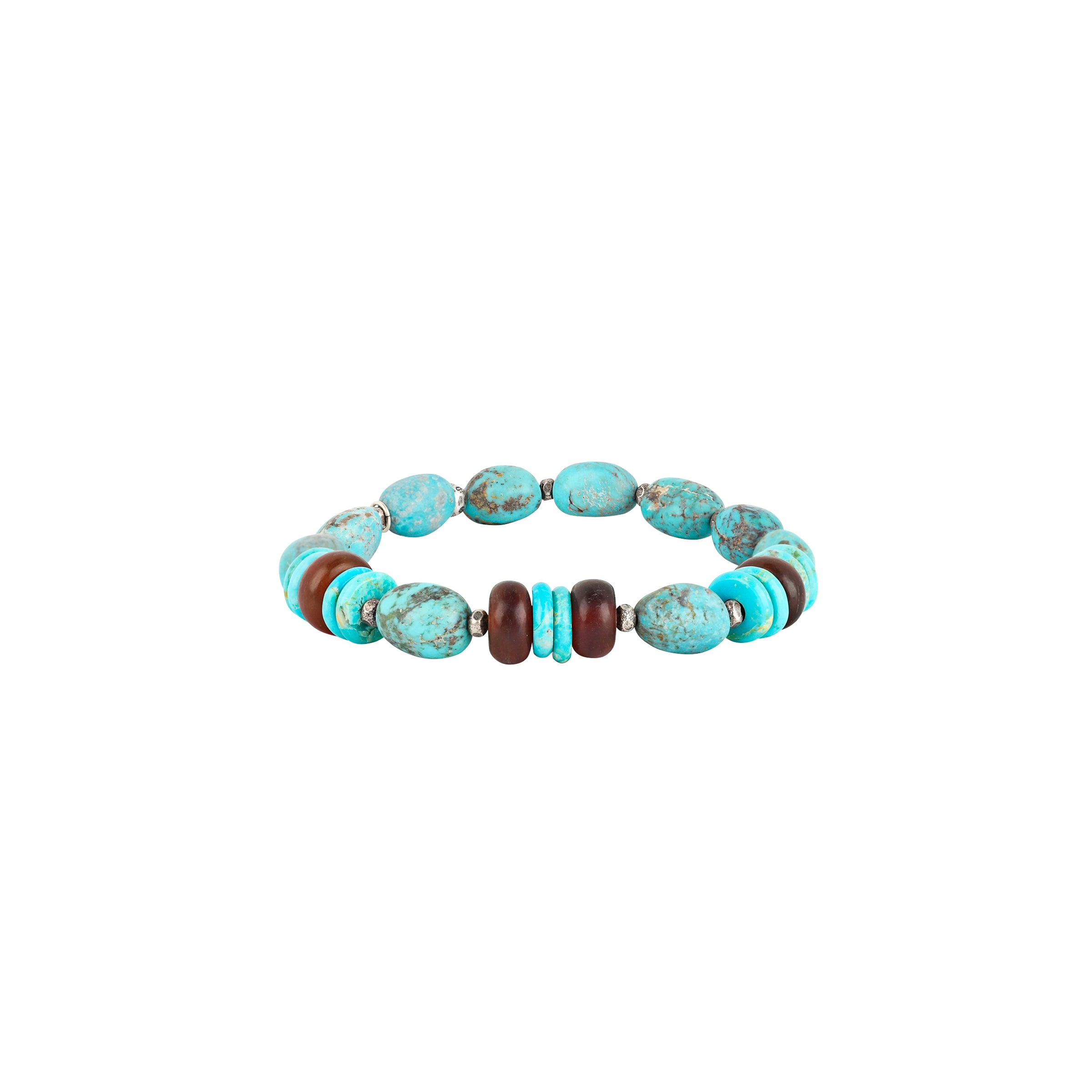A beaded stretch bracelet strung with blue turquoise, amber, wood, and sterling silver beading