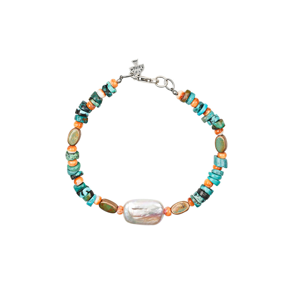 Beaded bracelet strung with turquoise, orange spiny oyster shell, and freshwater pearl