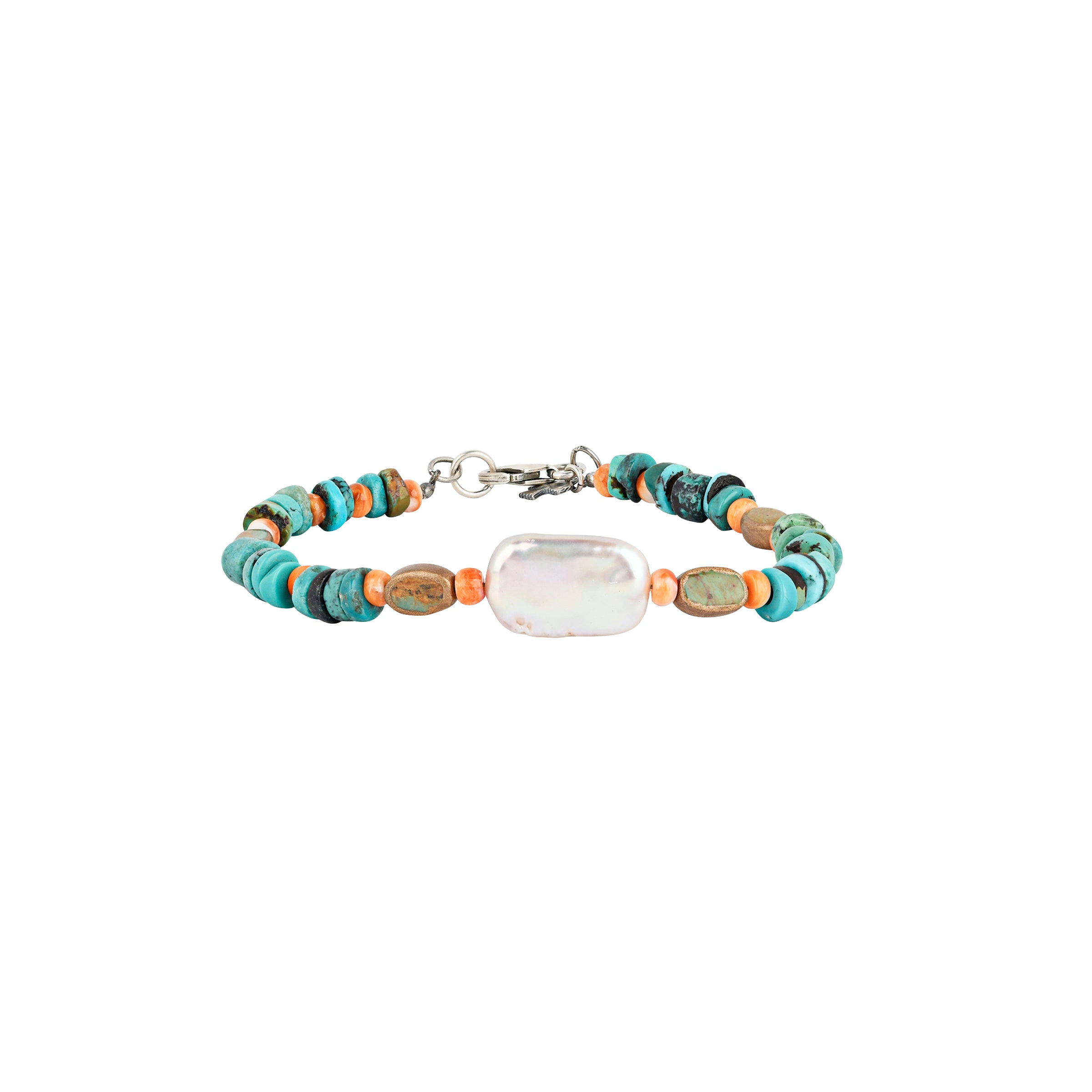 A beaded bracelet strung with orange spiny oyster shell, blue turquoise, green turquoise, and freshwater pearl finished with a sterling silver lobster clasp.