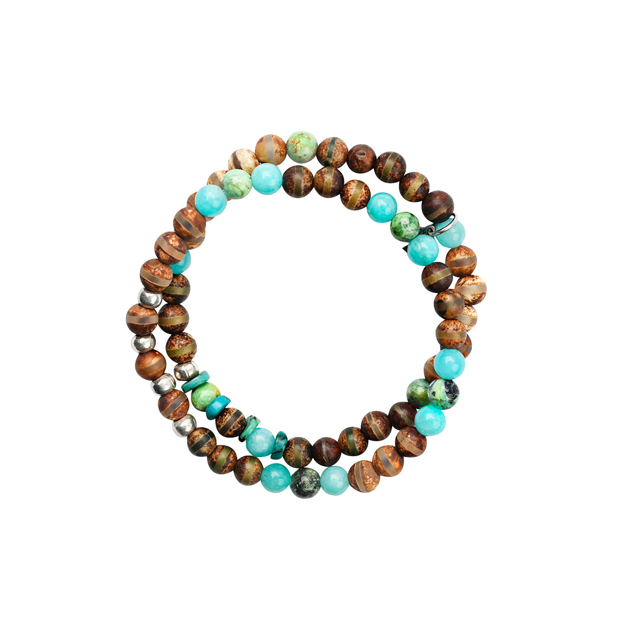 Two beaded stretch bracelets strung with wood, amazonite, chrysoprase, and silver beading
