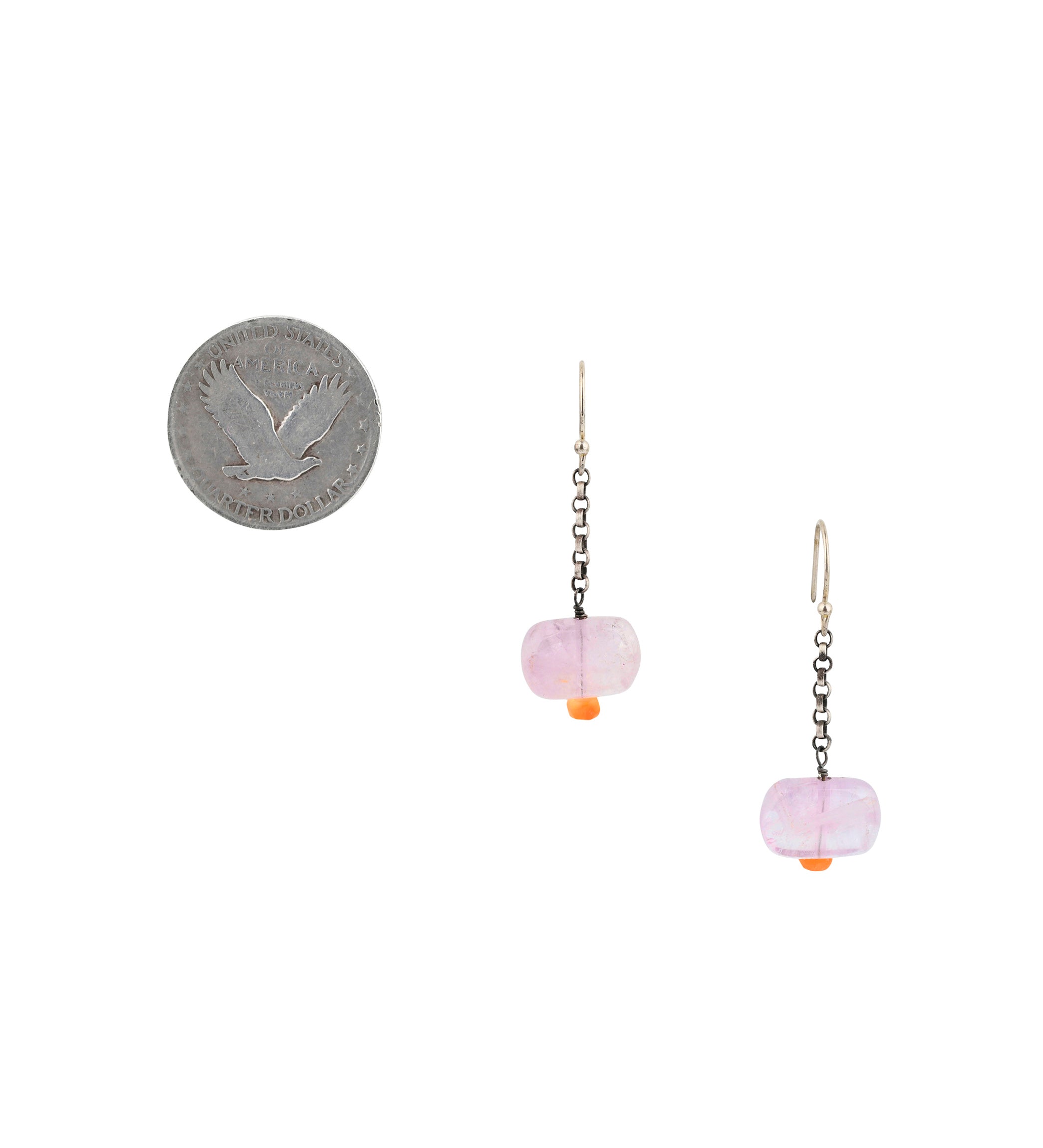Purple amethyst bead with tiny carnelian at the bottom of sterling silver ear wires and chain earrings next to coin for scale.