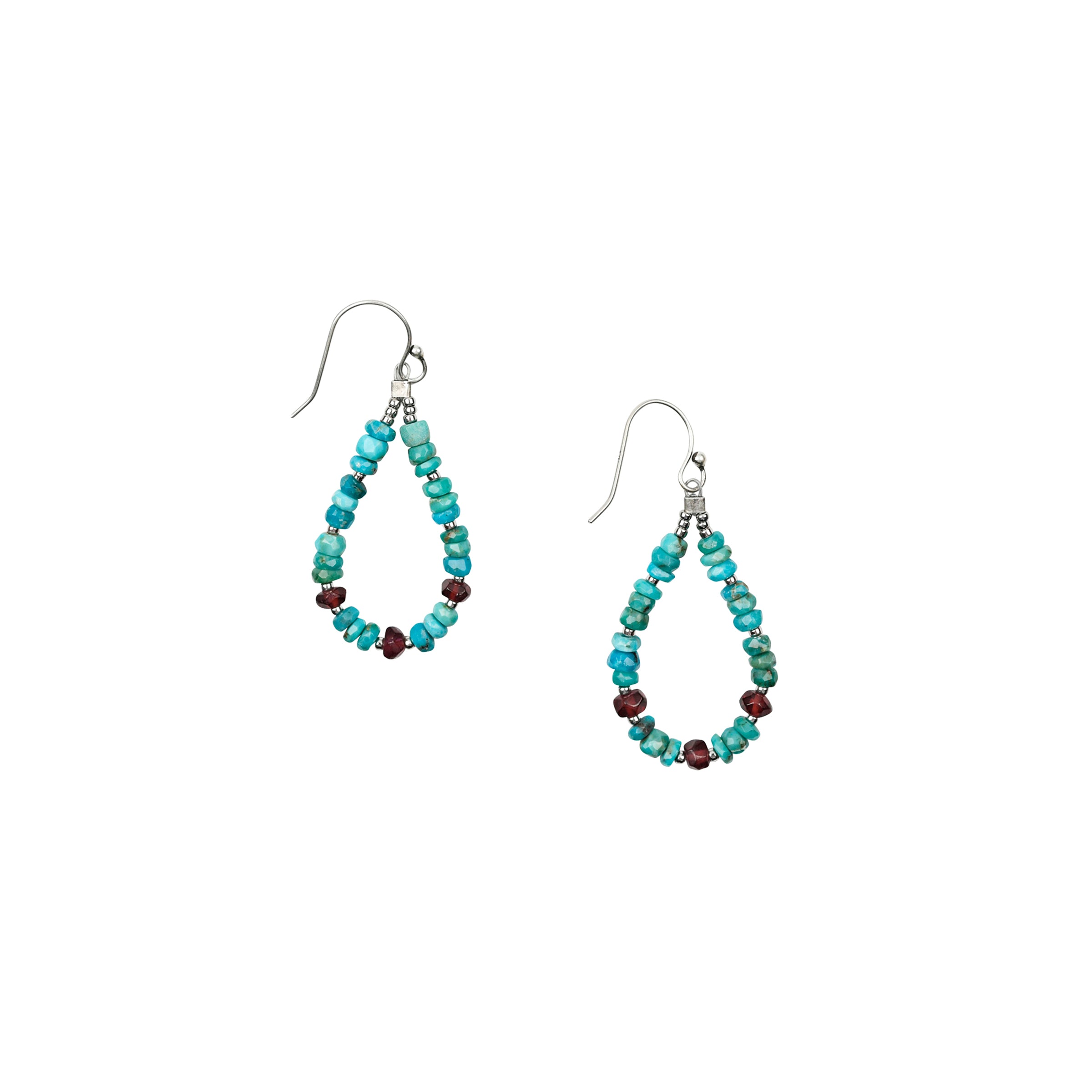 Teardrop beaded earrings strung with Turquoise and Garnet