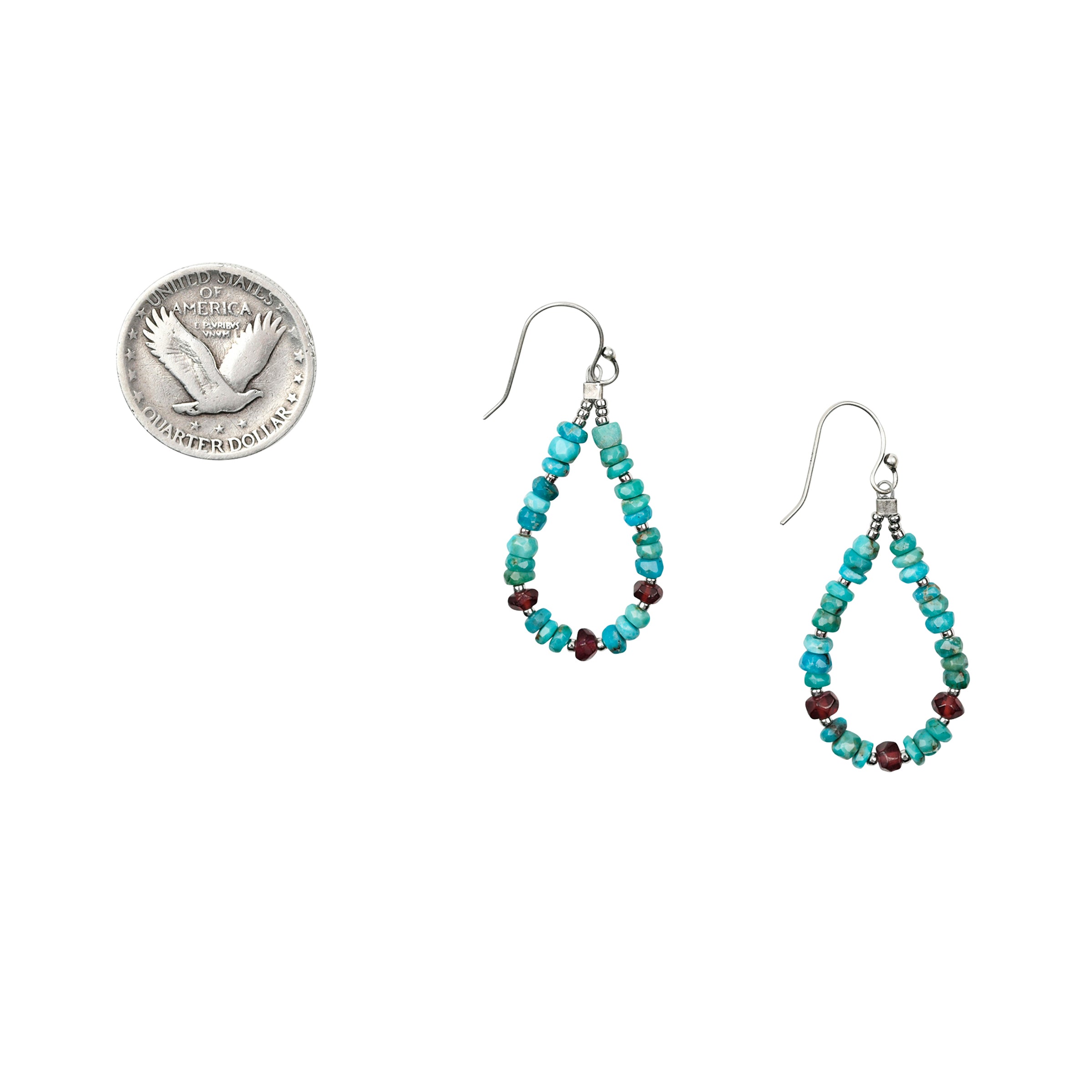 Teardrop beaded earrings strung with Turquoise and Garnet