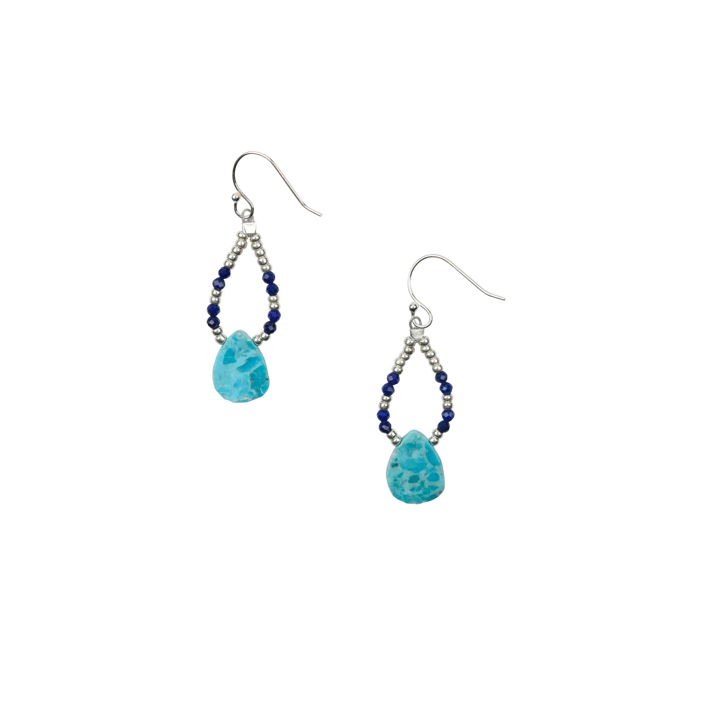 Pair of beaded earrings strung with sterling silver, lapis, and features teardrops of blue turquoise