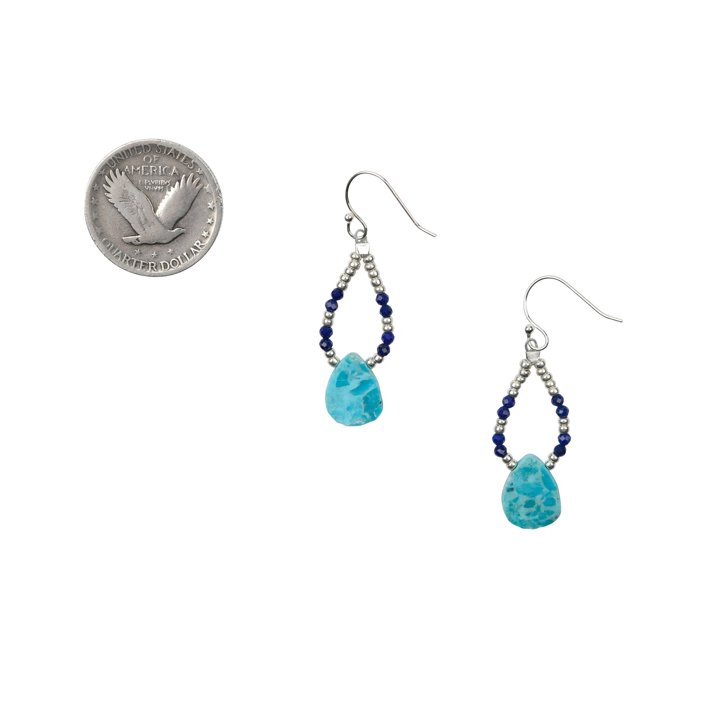 Pair of beaded earrings strung with sterling silver, lapis, and features teardrops of blue turquoise