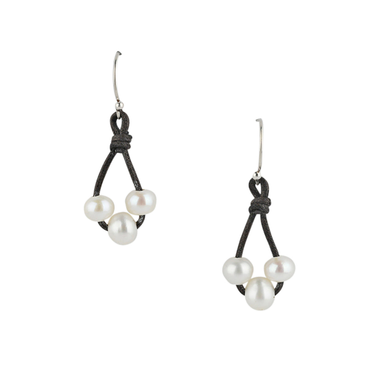 Pearl drop earrings with leather accents and minimalist sterling silver hooks