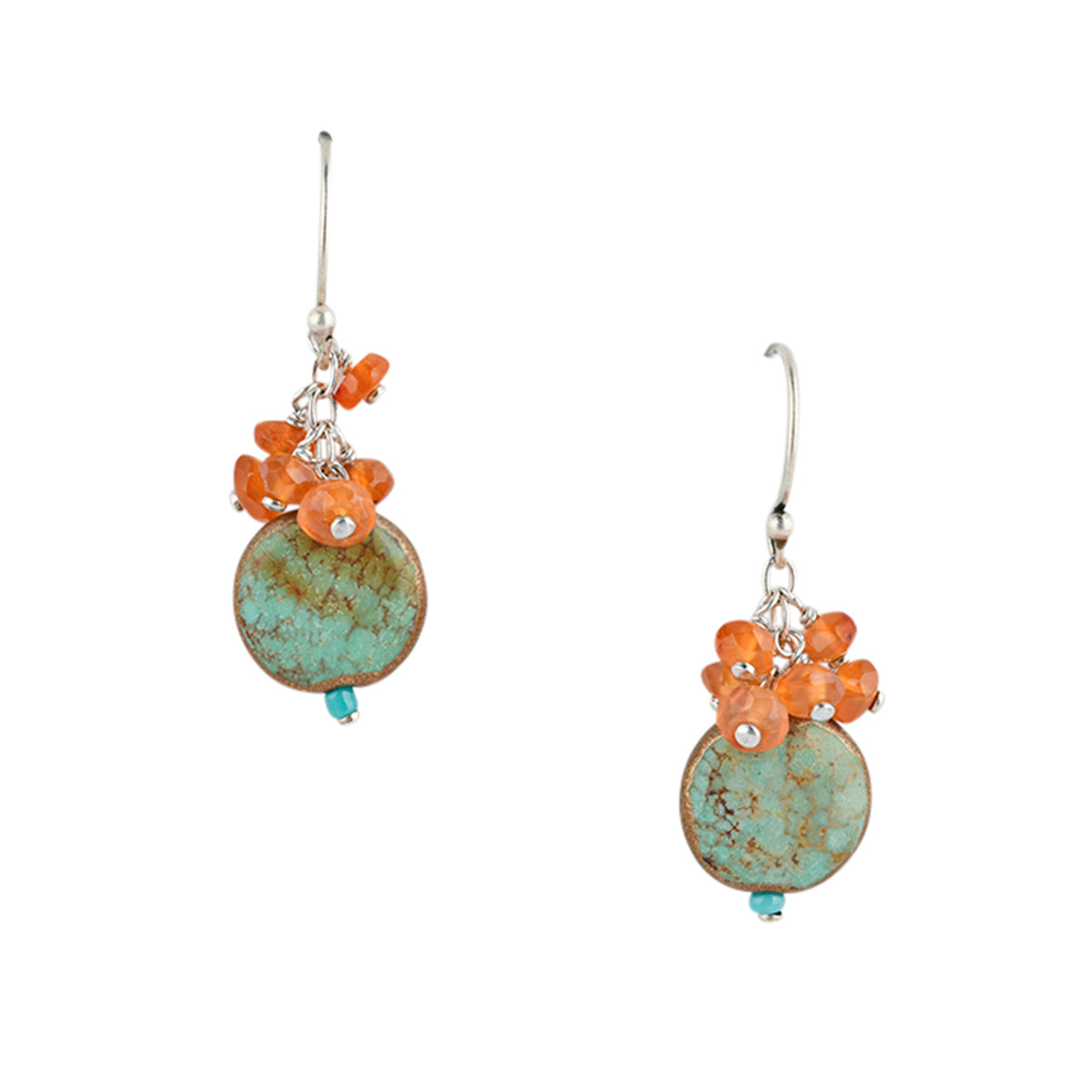 Turquoise and carnelian accented silver earrings with colorful drop design.