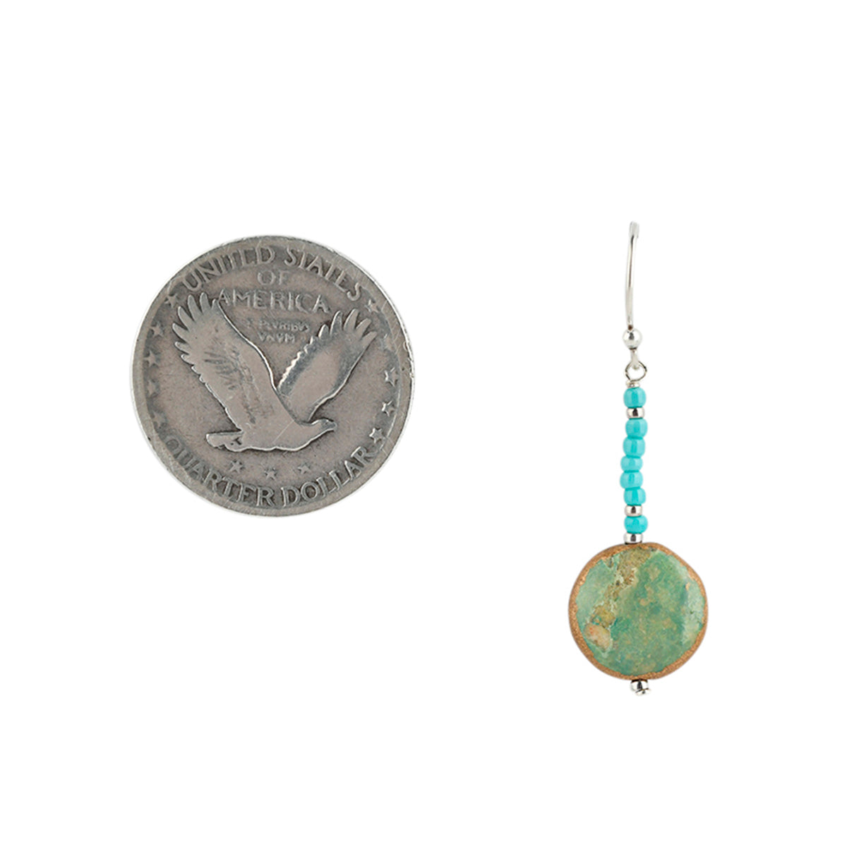 Sterling silver drop earrings with round turquoise accents.