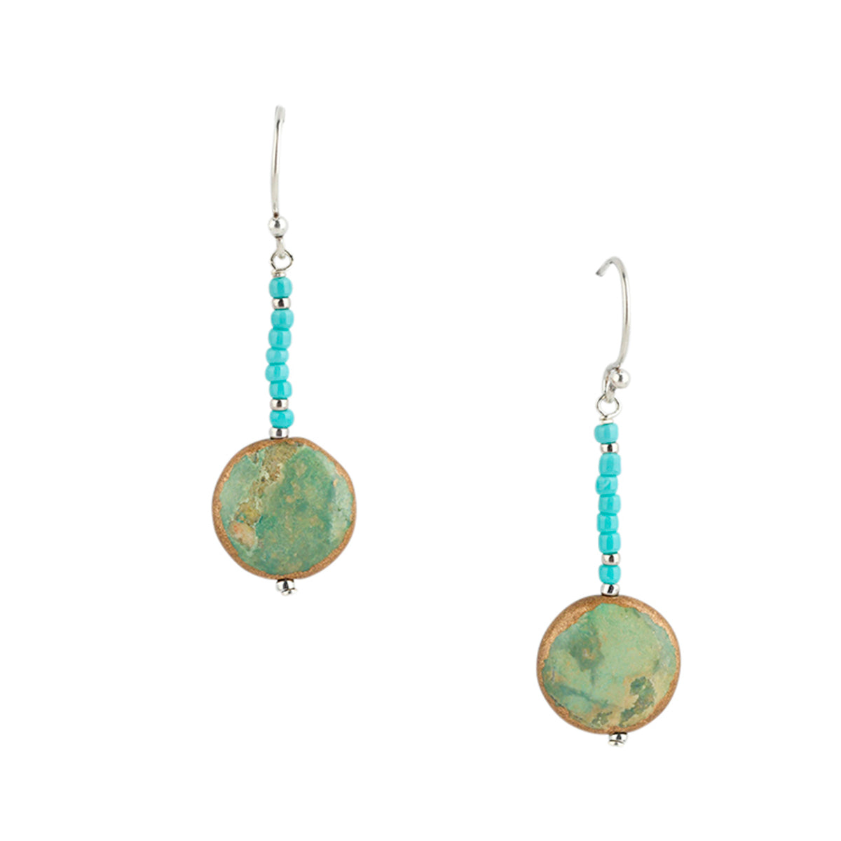 Sterling silver drop earrings with round turquoise accents.