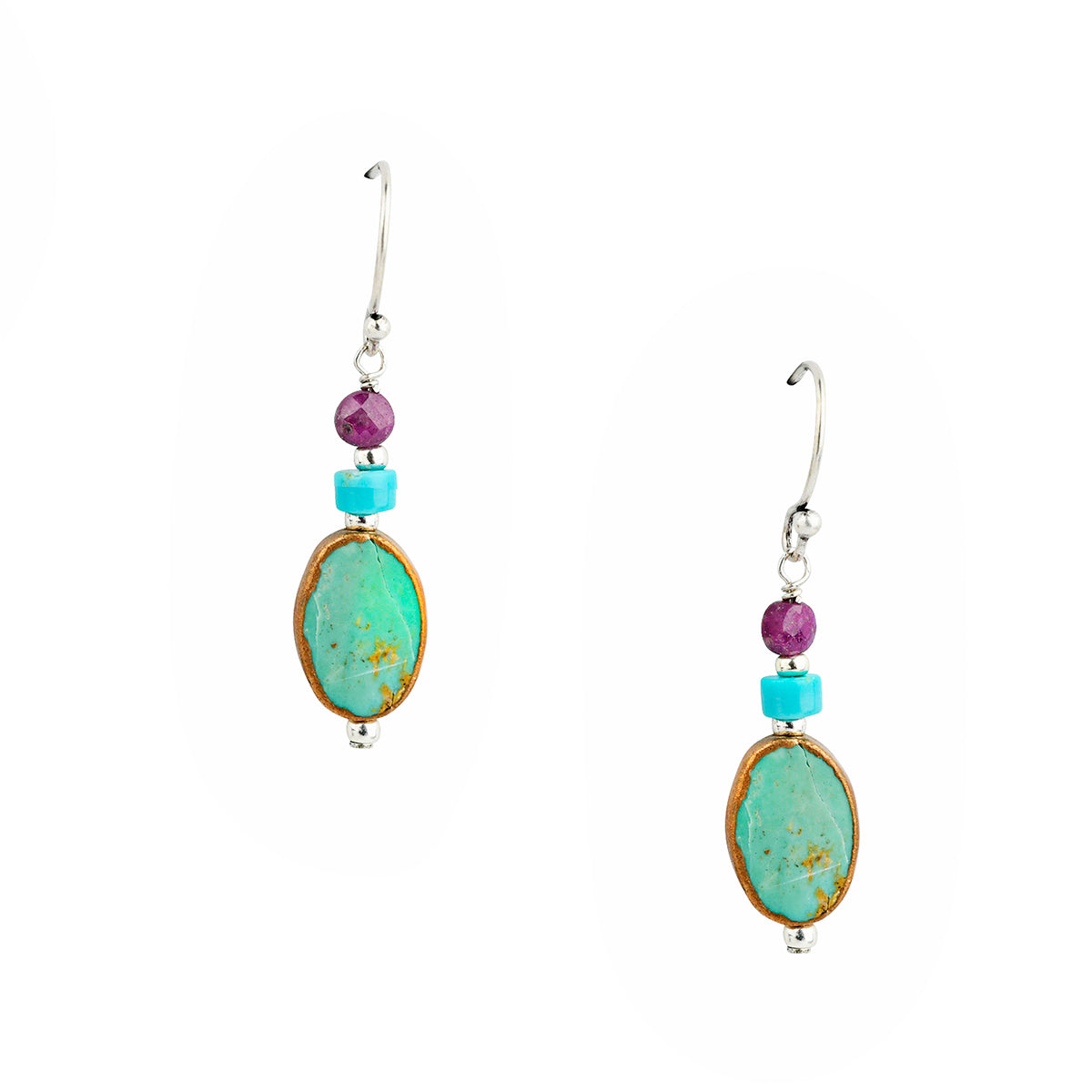 Pair of beaded dangle earrings strung with green turquoise, blue turquoise, and ruby