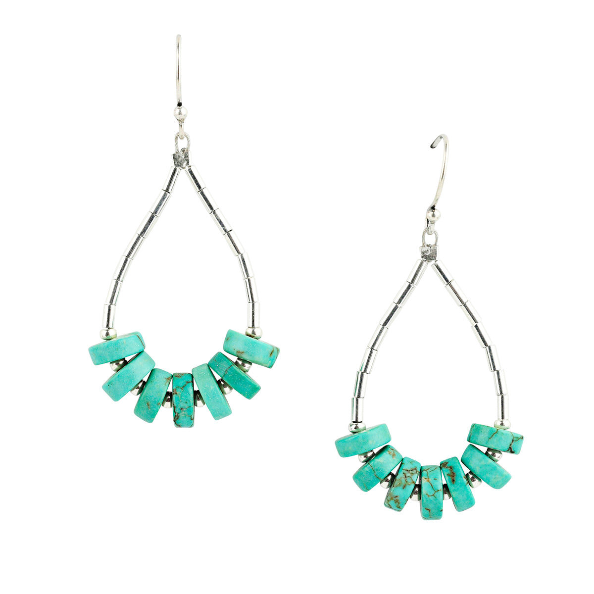 Teardrop beaded earrings strung with Turquoise and silver beading