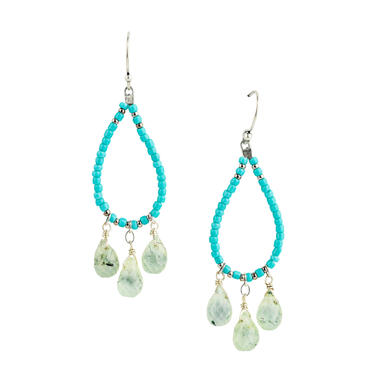 Beaded teardrop earring strung with turquoise seed beads and drops of prehnite