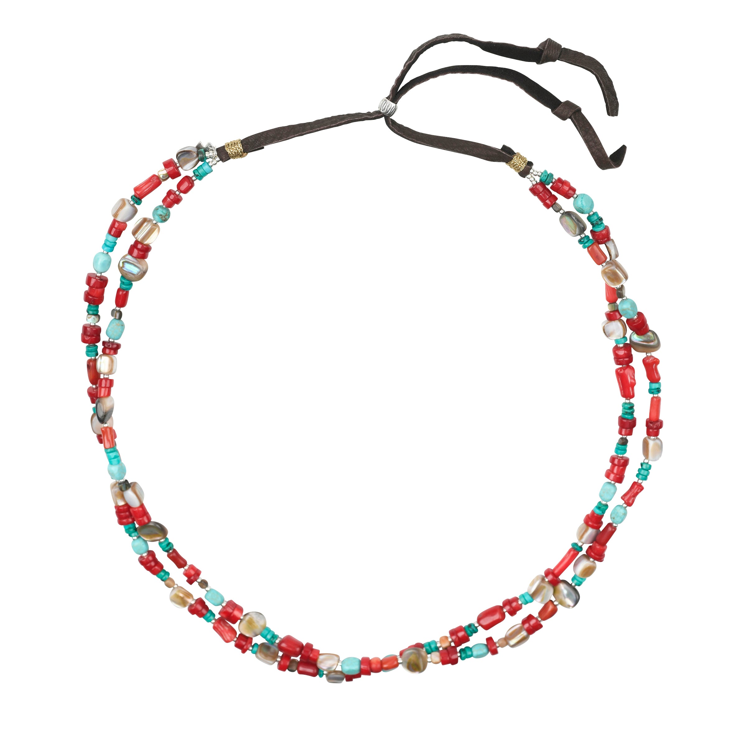 Double strand hatband strung with red coral, abalone, and turquoise on soft brown deerskin leather topped with a sterling silver slider bead for an adjustable fit