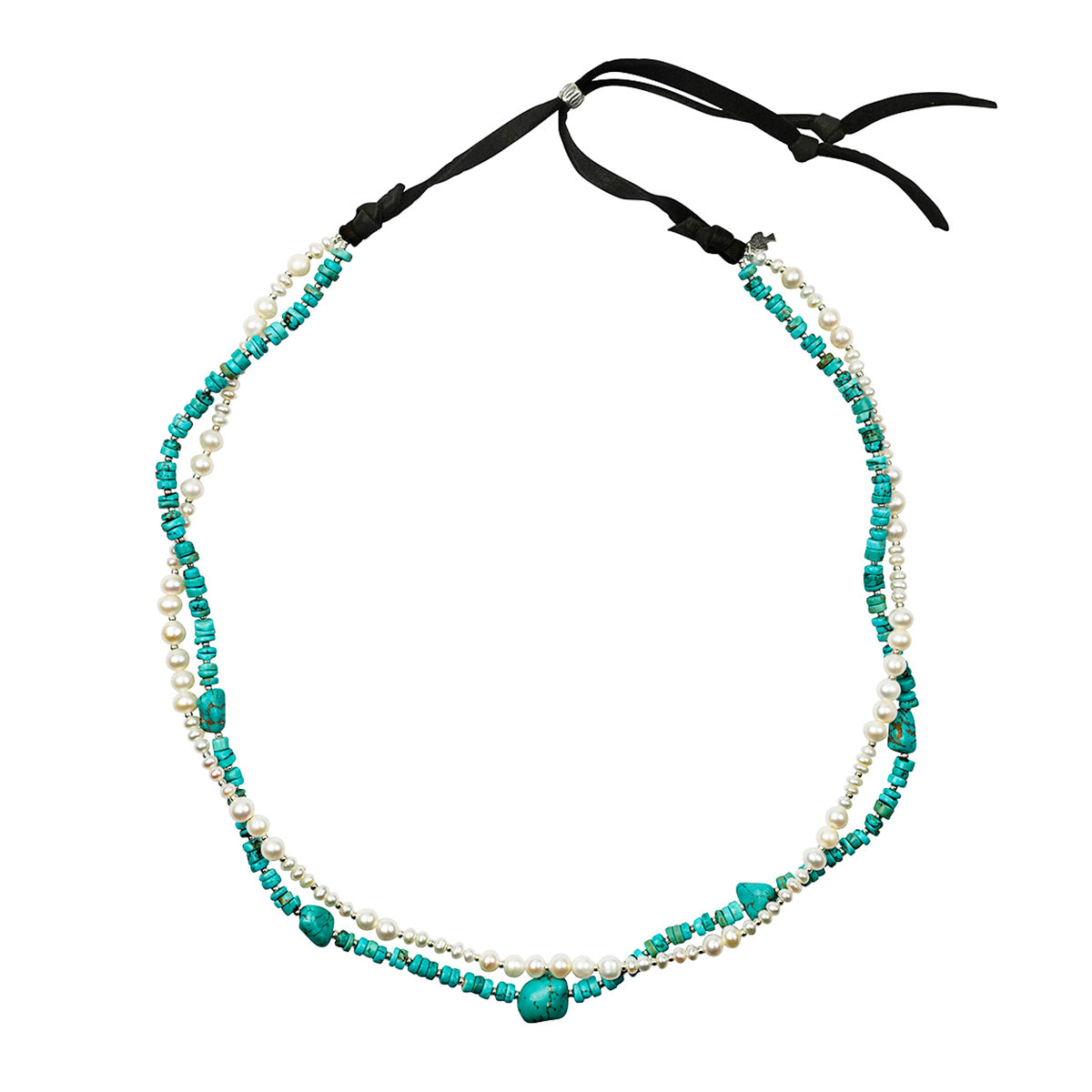 A multi-strand hatband strung with howlite, turquoise, freshwater pearl, and silver seed beads on soft deerskin leather topped with a sterling silver slider bead for an adjustable fit.