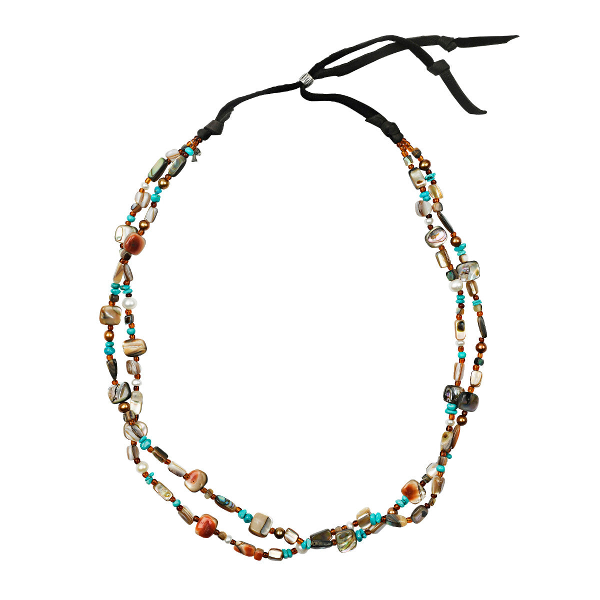 A multi-strand hatband strung with abalone, turquoise, pearl, and seed beads on soft deerskin leather topped with a sterling silver slider bead for an adjustable fit