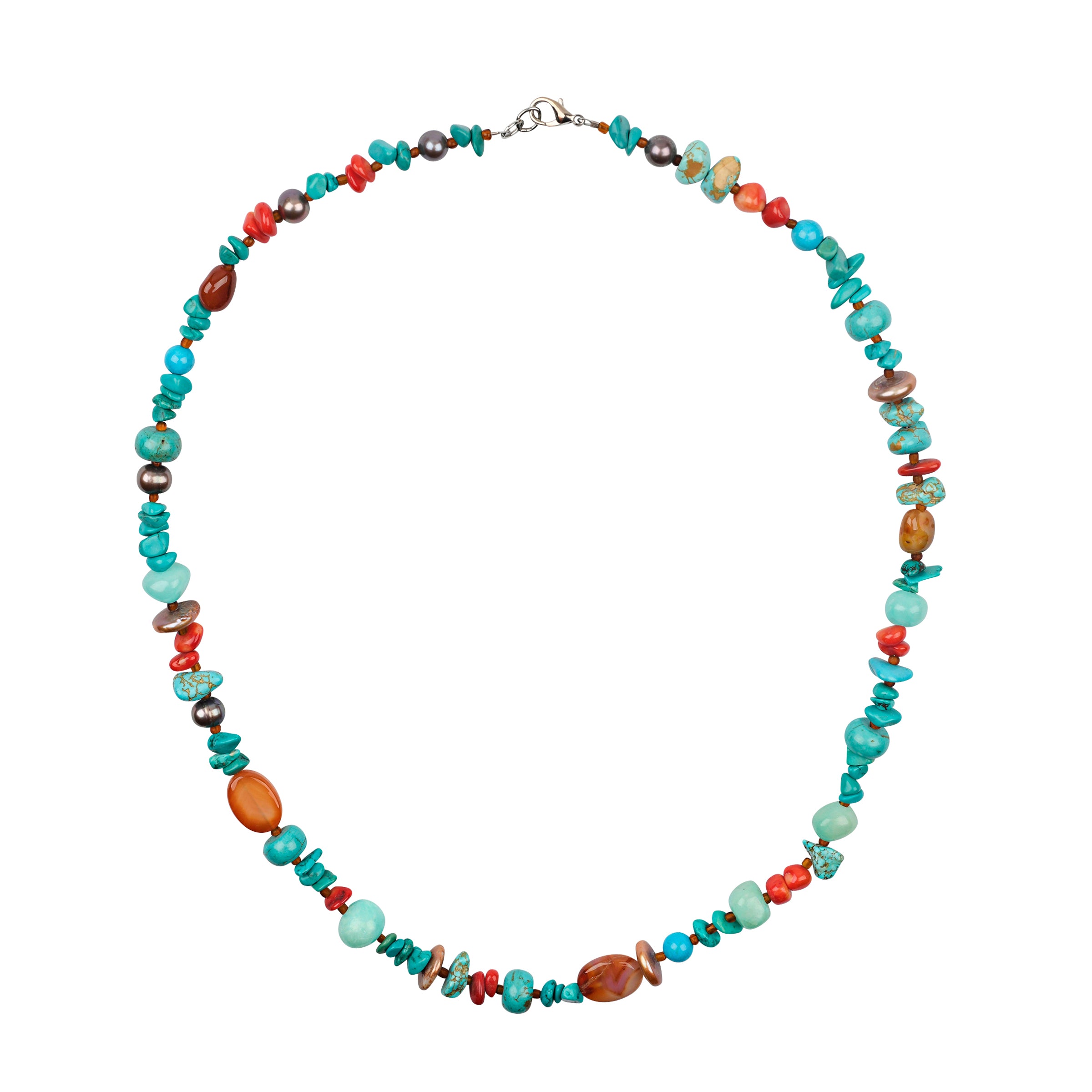 Howlite, turquoise, pearl, amazonite, carnelian, dyed bamboo coral, glass seed beads, and base metal closure necklace.