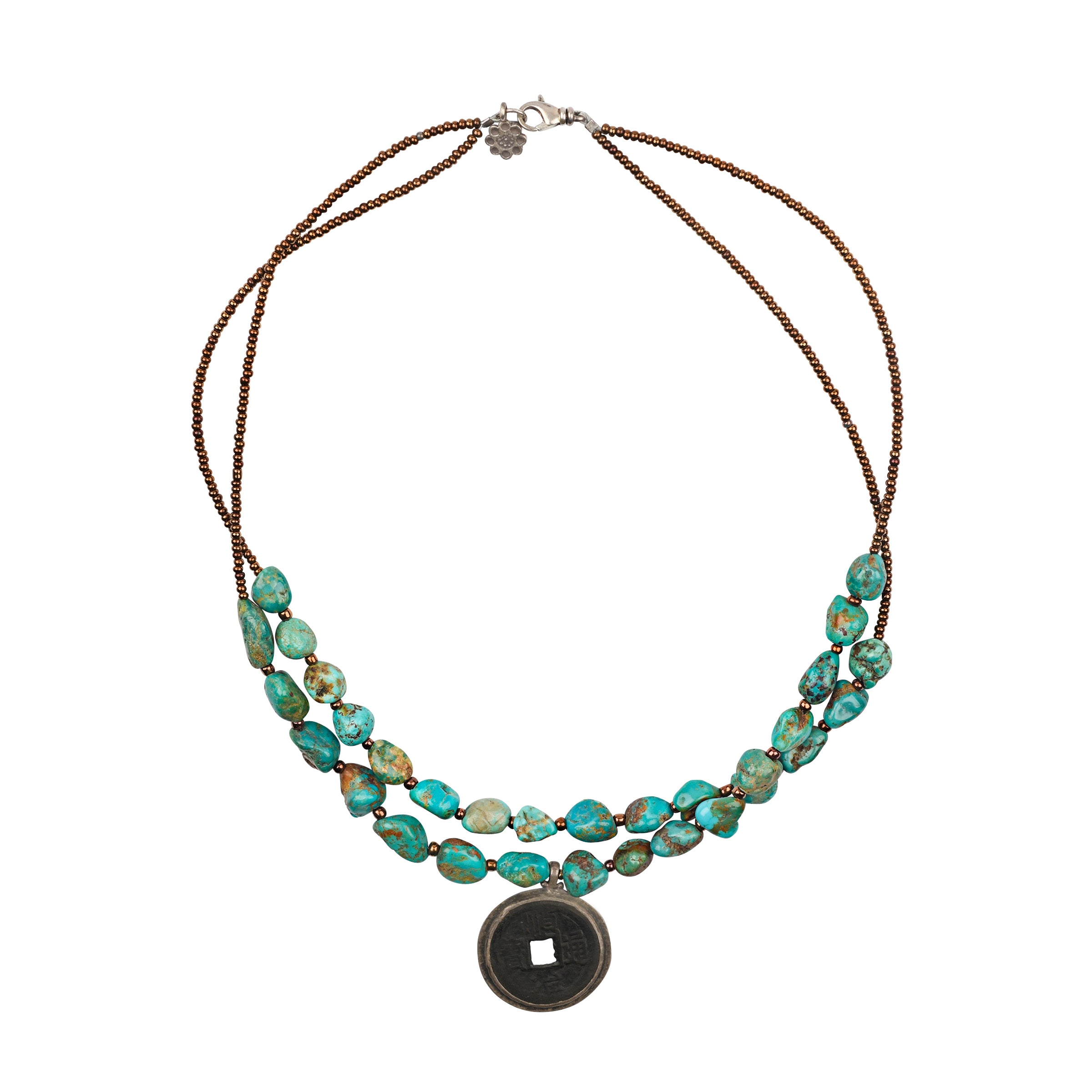 Two Strand Necklace with turquoise , pearl, and glass seed beads and coin charm.