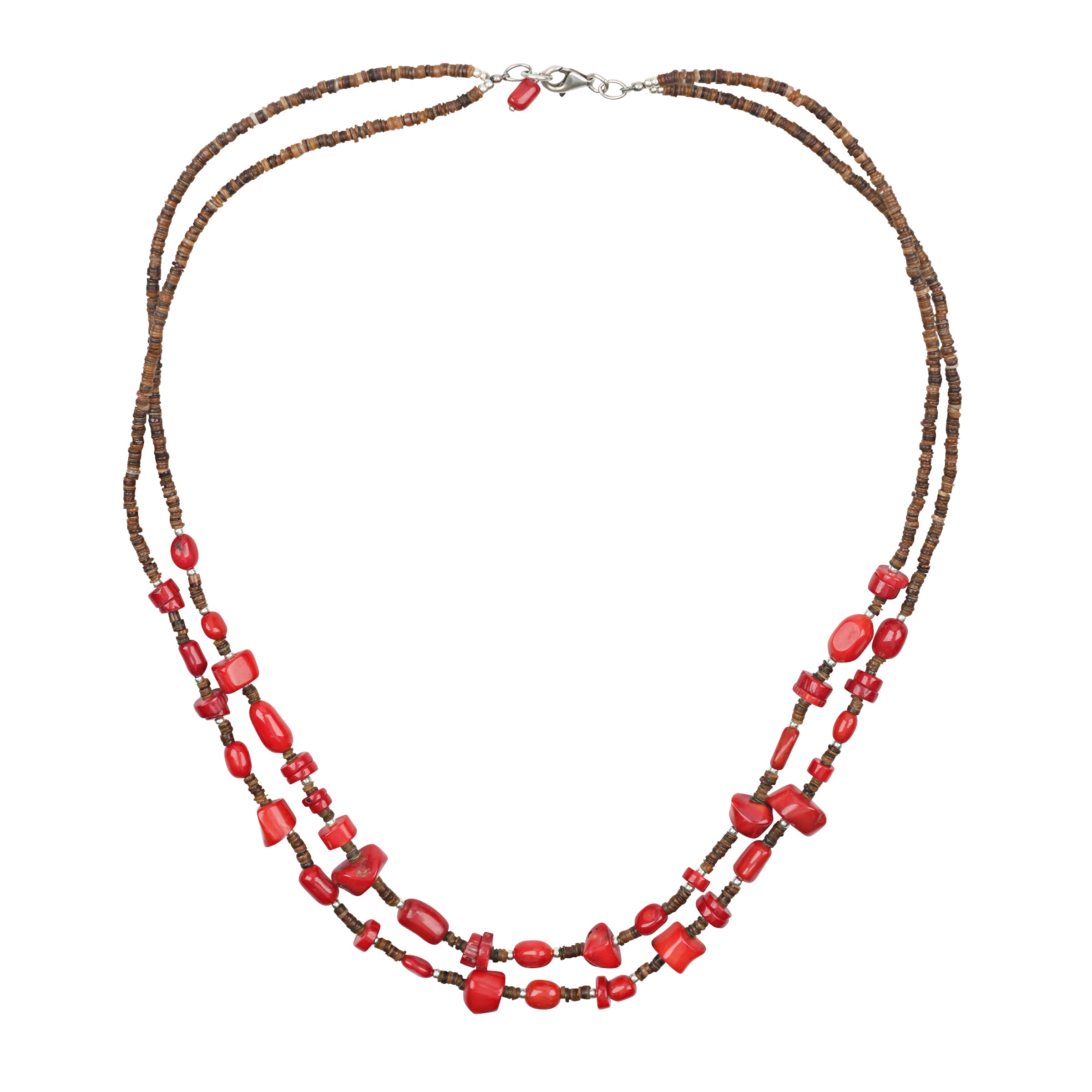 A double strand beaded necklace strung with Brown Shell and Red Coral accent beading