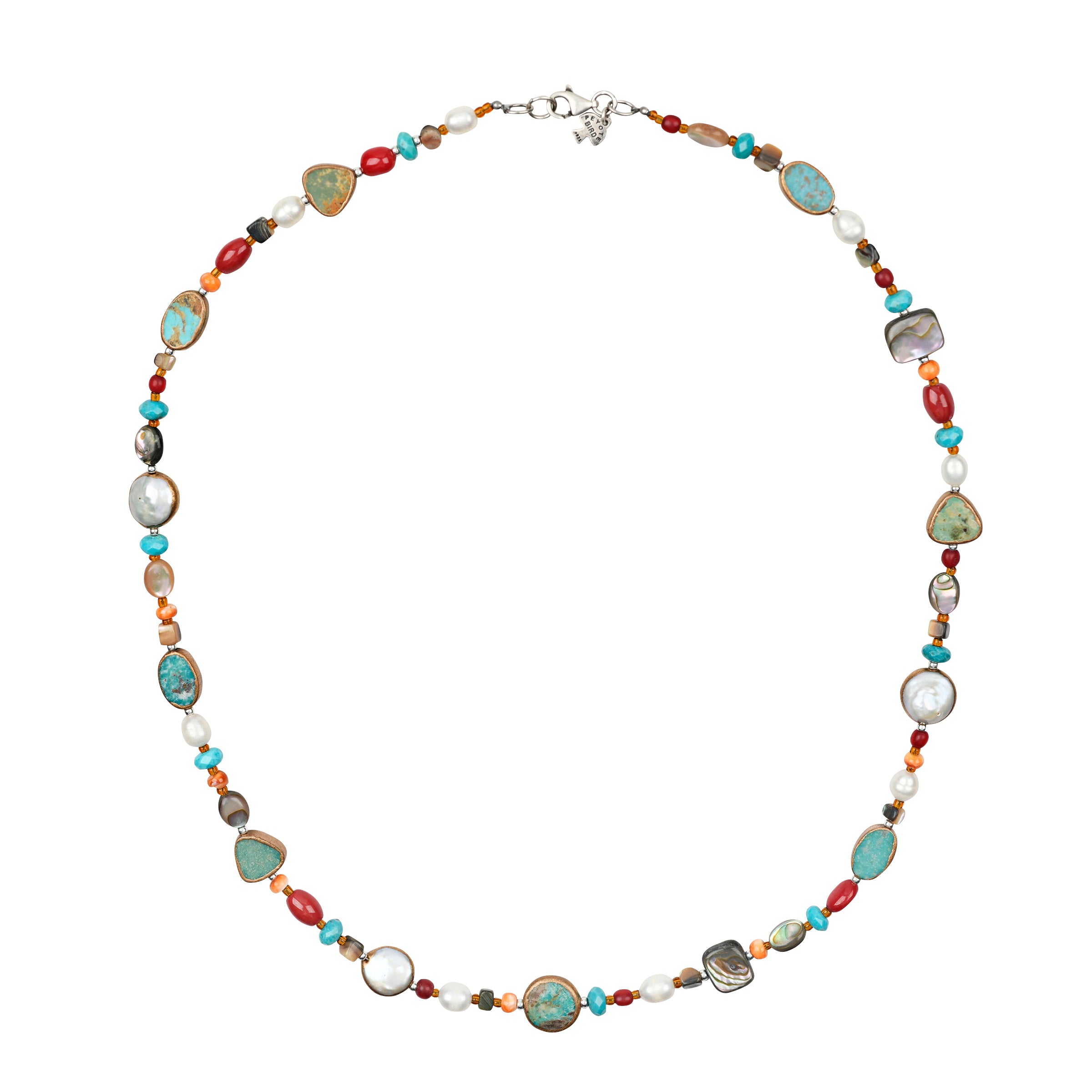 A beaded necklace featuring blue turquoise, green turquoise, red coral, abalone, and freshwater pearl