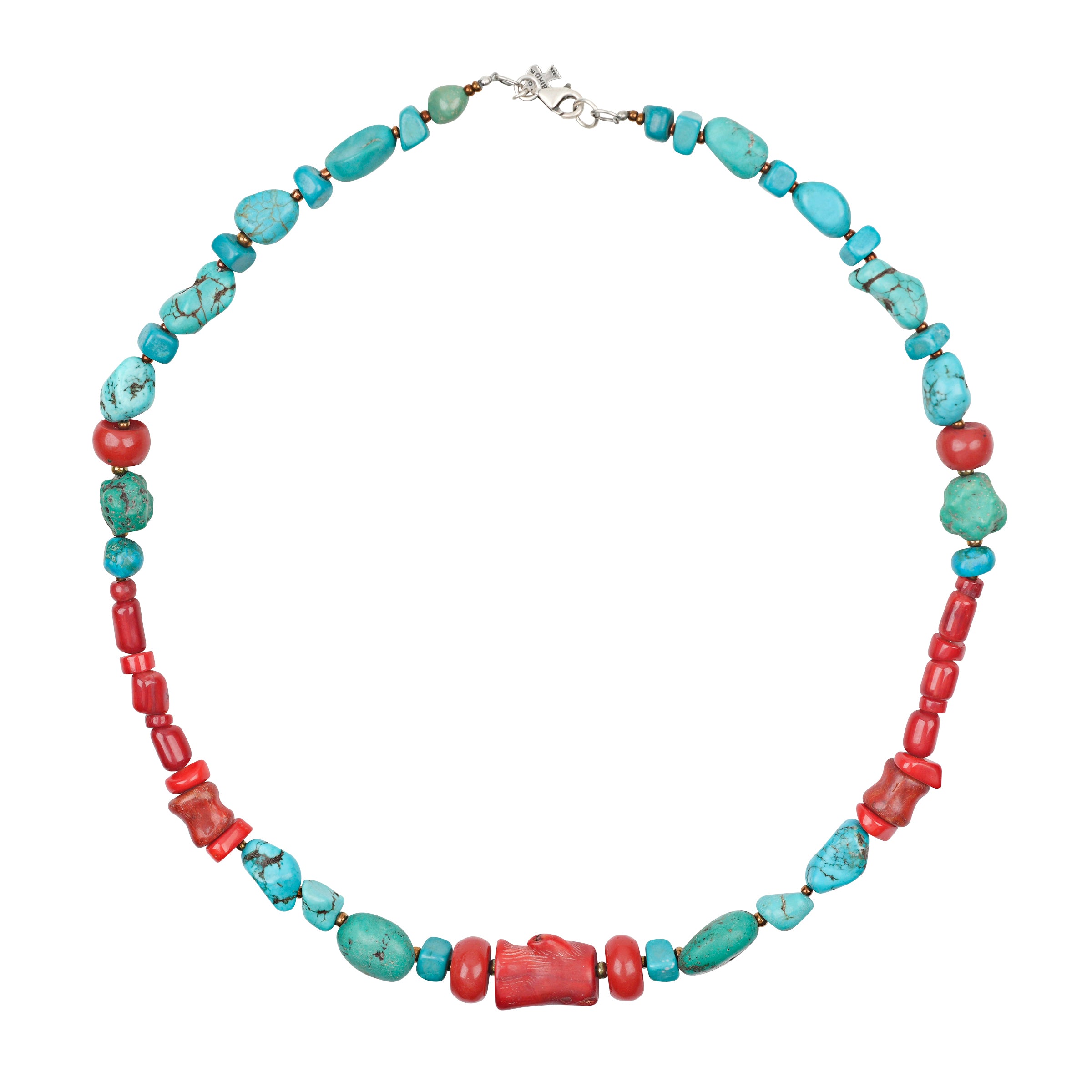 A textured beaded necklace strung with red coral, green turquoise, and blue turquoise.