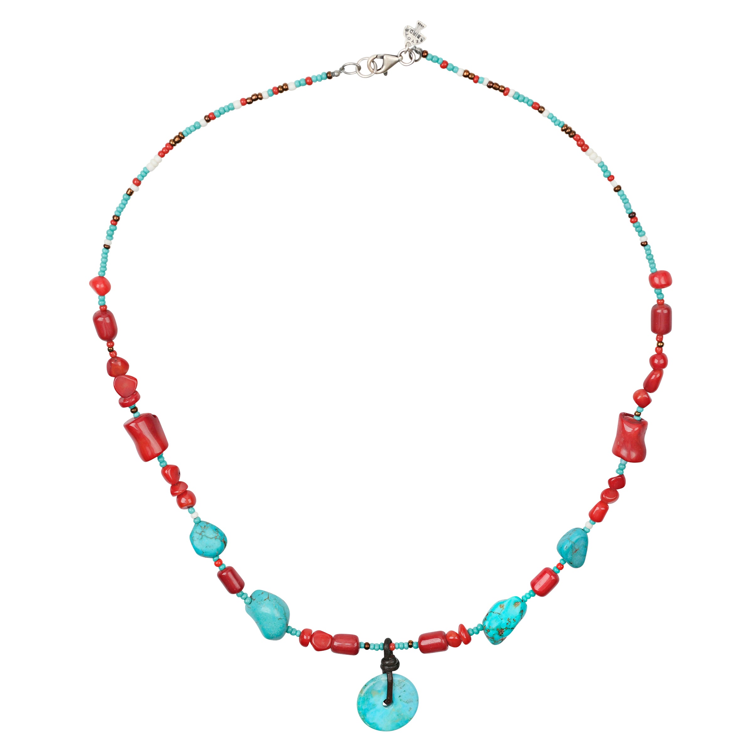 A beaded necklace strung with blue turquoise and red coral for a high contrast look.