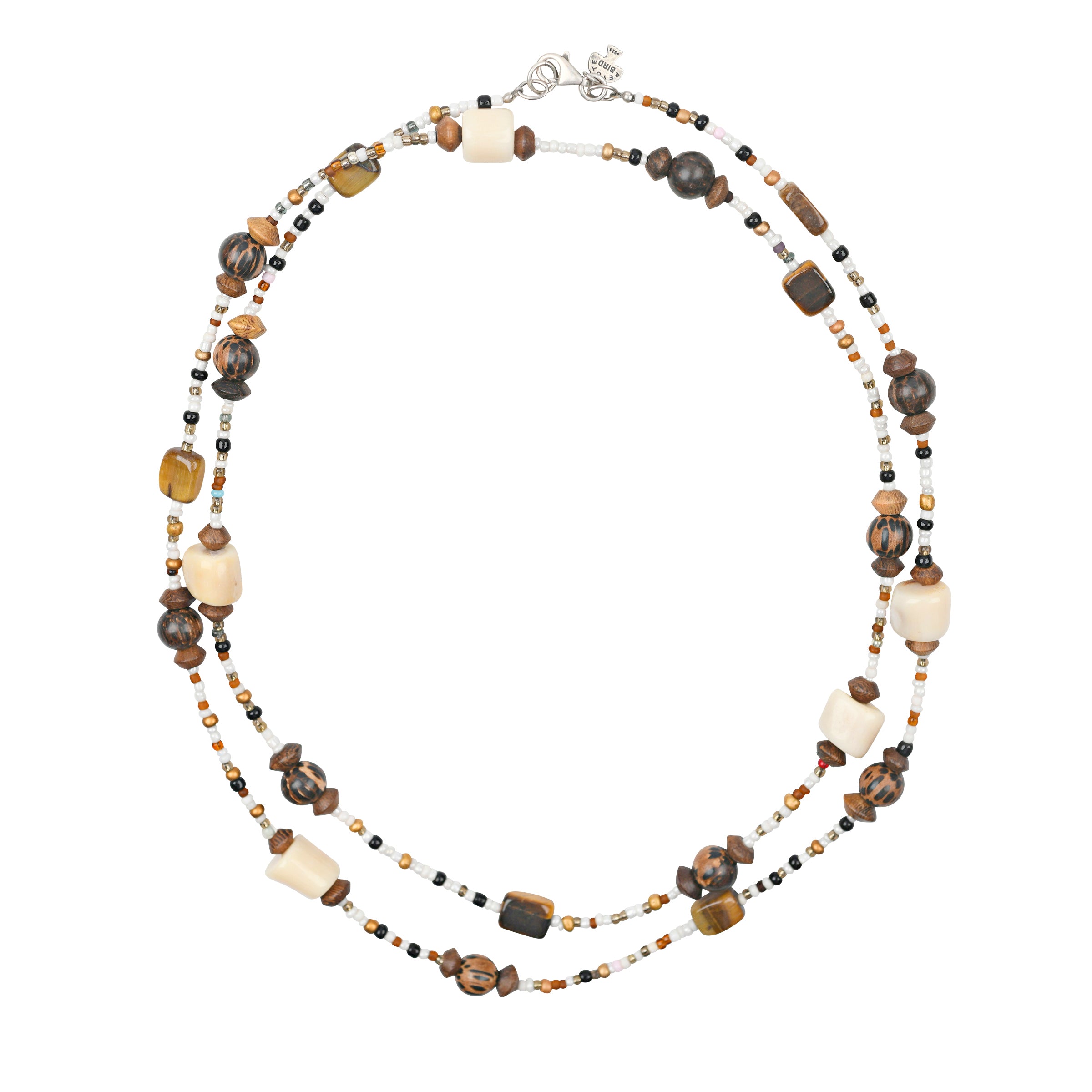 A long, beaded necklace strung with creamy bamboo, palm wood, and tiger's eye to complete your layered look.