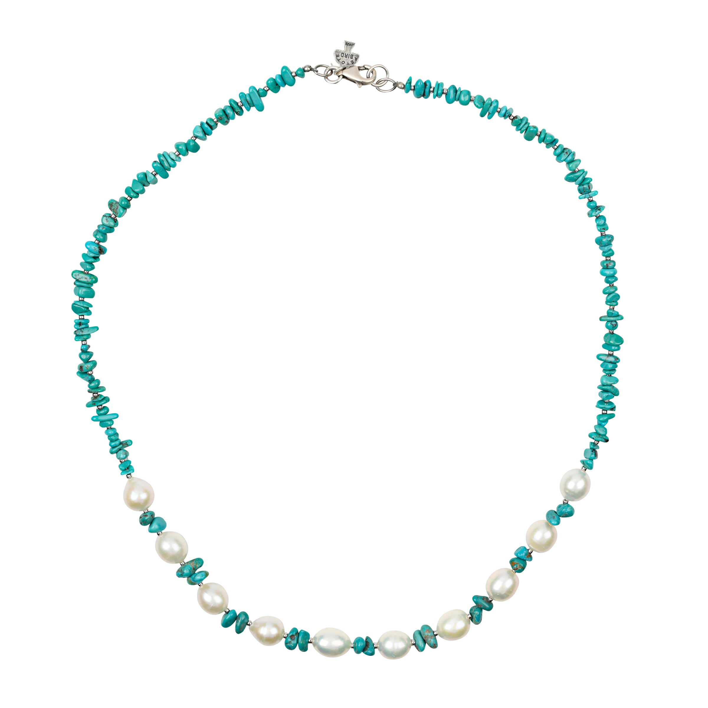 Beaded necklace strung with blue turquoise and freshwater pearls