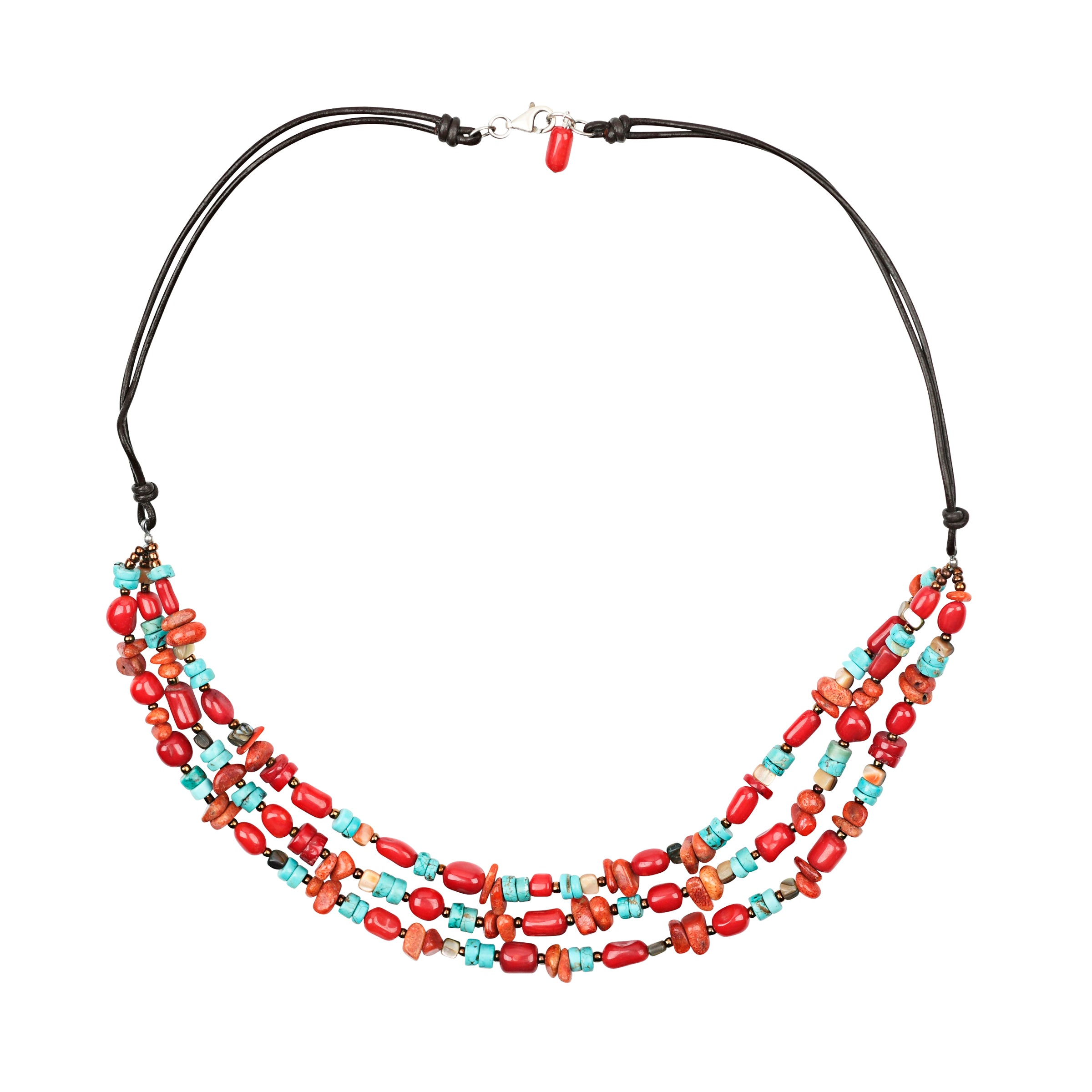 A multistrand necklace beaded with Blue Turquoise, Red Coral, and Abalone strung on leather.