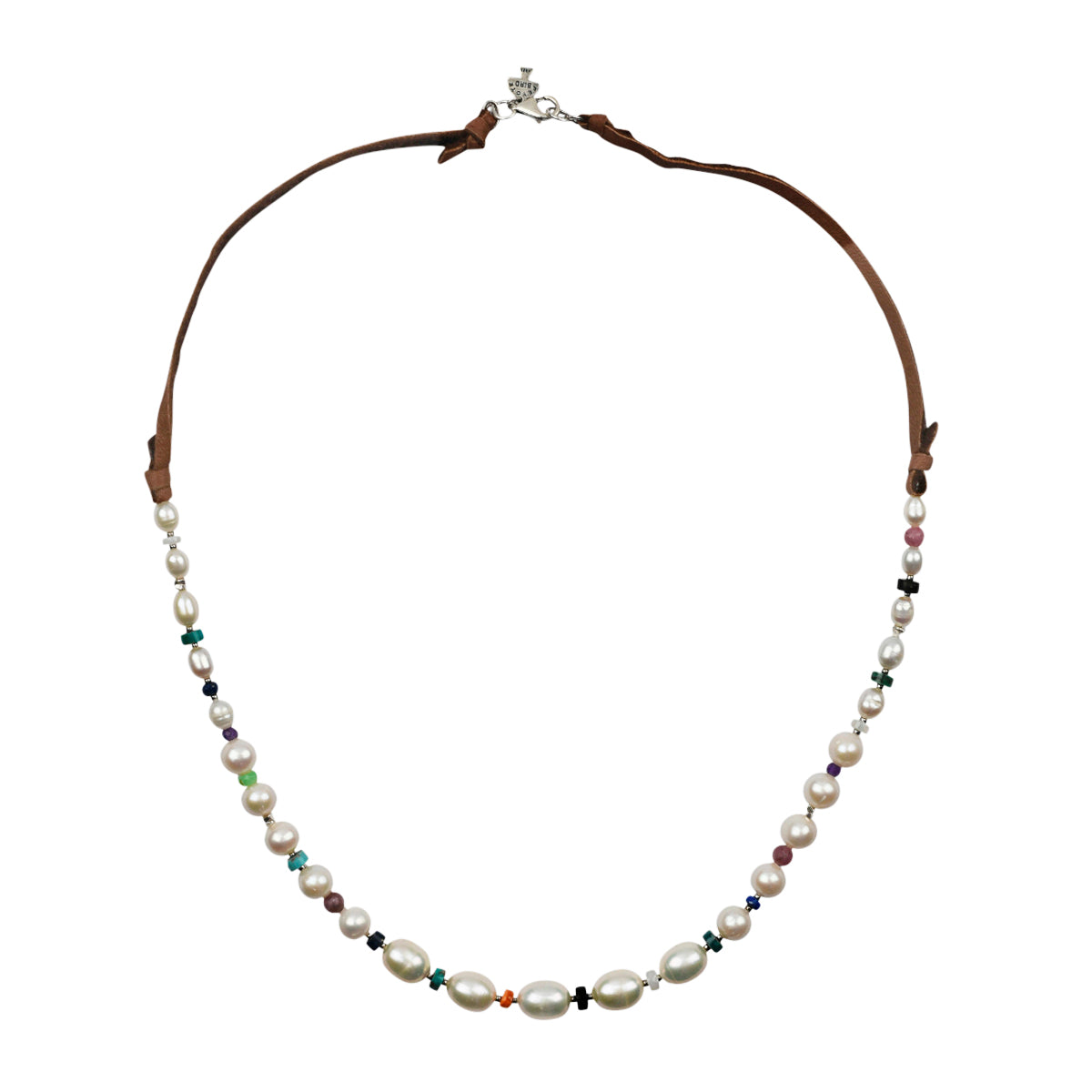 Beaded necklace strung with Freshwater Pearl, Pink Tourmaline, Onyx, Green Turquoise, Amethyst, Mother of Pearl, Lapis, Lepidolite, Orange Spiny Oyster Shell, Chrysoprase on deerskin leather