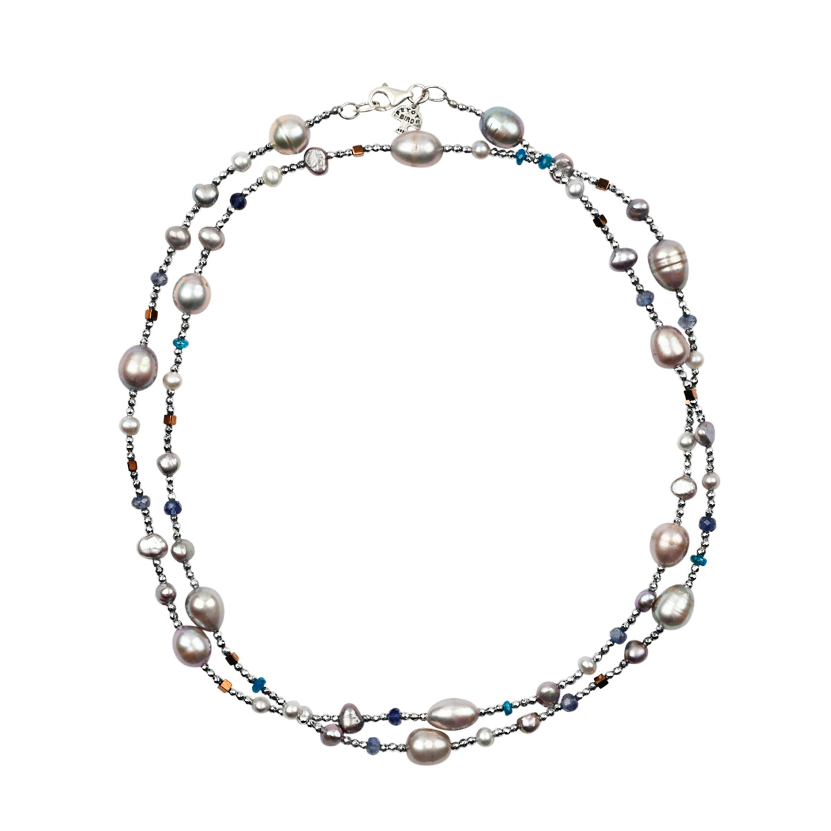 Long beaded necklace strung with freshwater pearl, apatite, and iolite