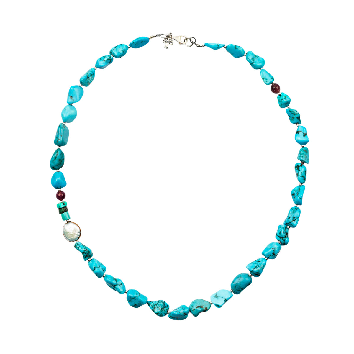 Beaded necklace strung with Blue Turquoise, Freshwater Pearl, Garnet