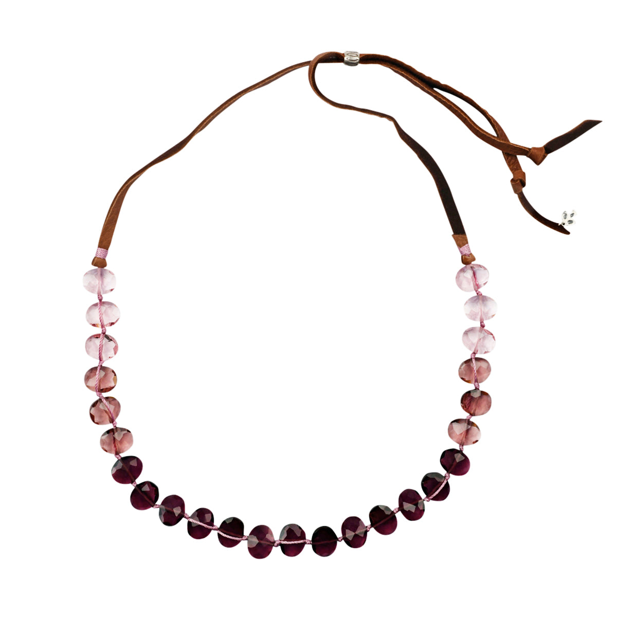 Beaded necklace woven with purple and pink glass beading on leather