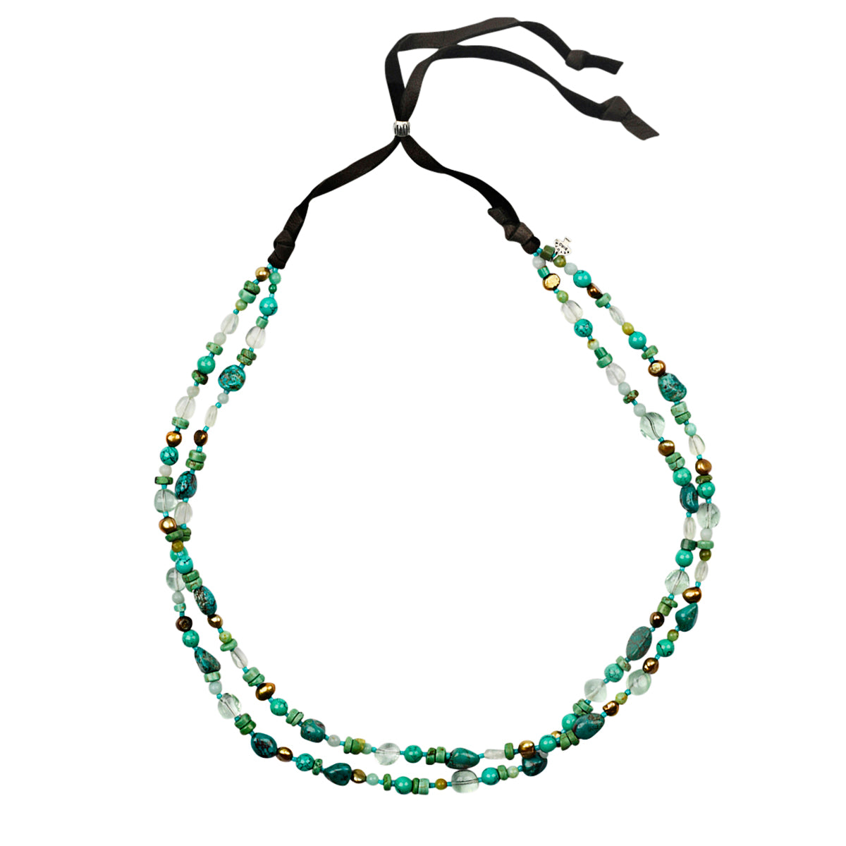 Beaded, layered necklace strung with Turquoise, Prehnite, Pearl on soft deerskin leather with a sterling silver slider bead for an adjustable fit.