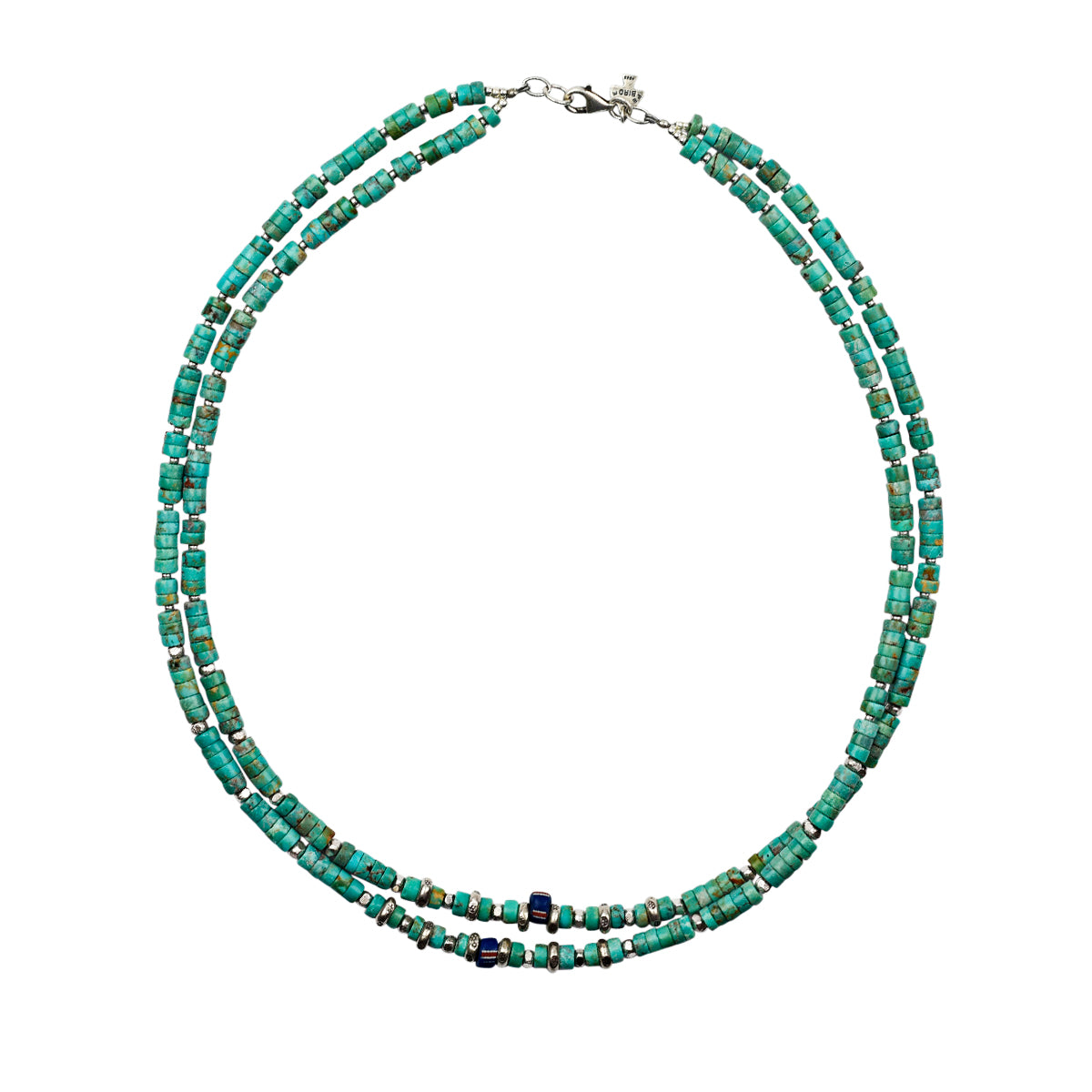 Double strand blue turquoise and green turquoise with stamped Thai sterling silver beading and clay accent bead