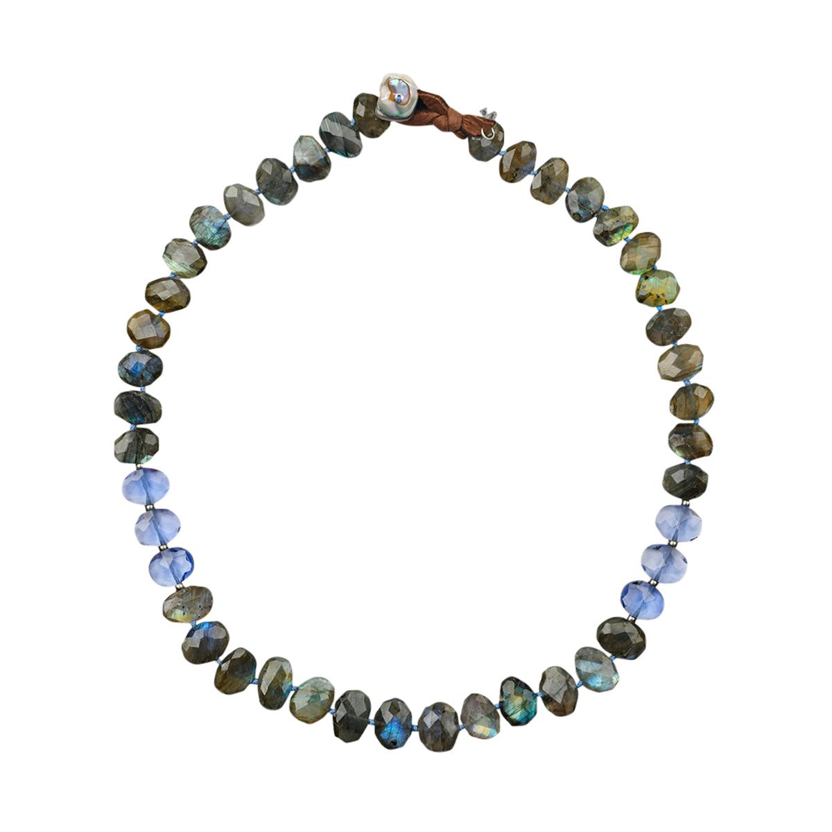 Beaded necklace strung with Labradorite, Iolite, Abalone finished with leather