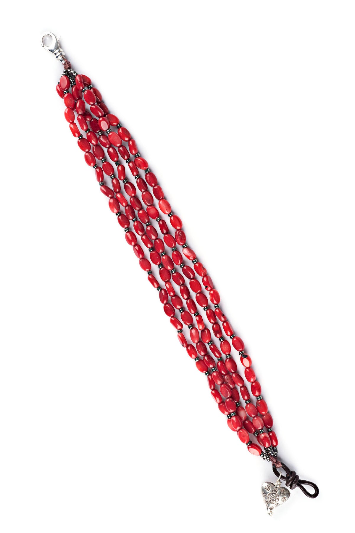 Multi-strand coral bracelet with sterling silver clasp and heart charm