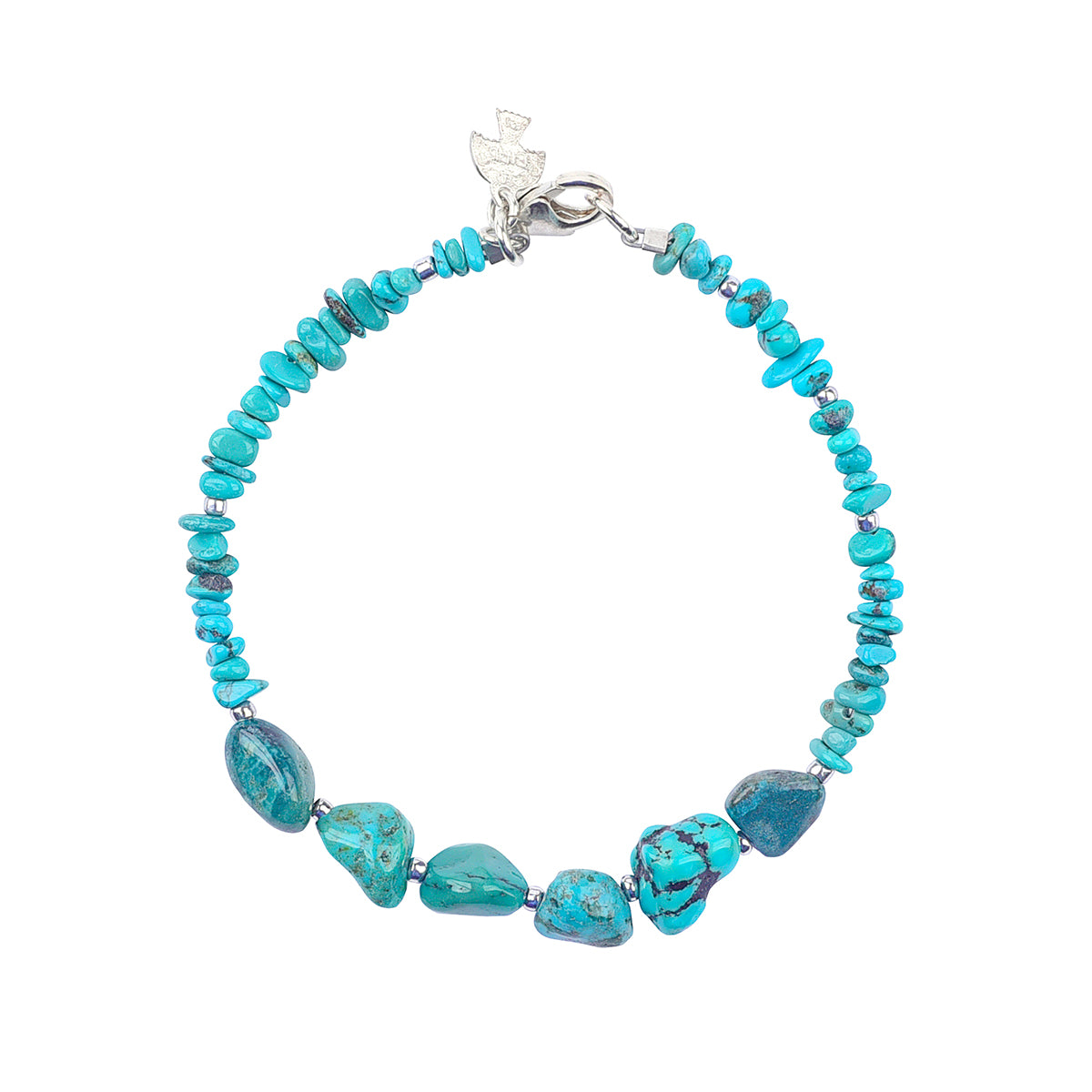 Sterling silver lobster claw clasp on turquoise chip bracelet with focal point of 6 nuggets of turquoise