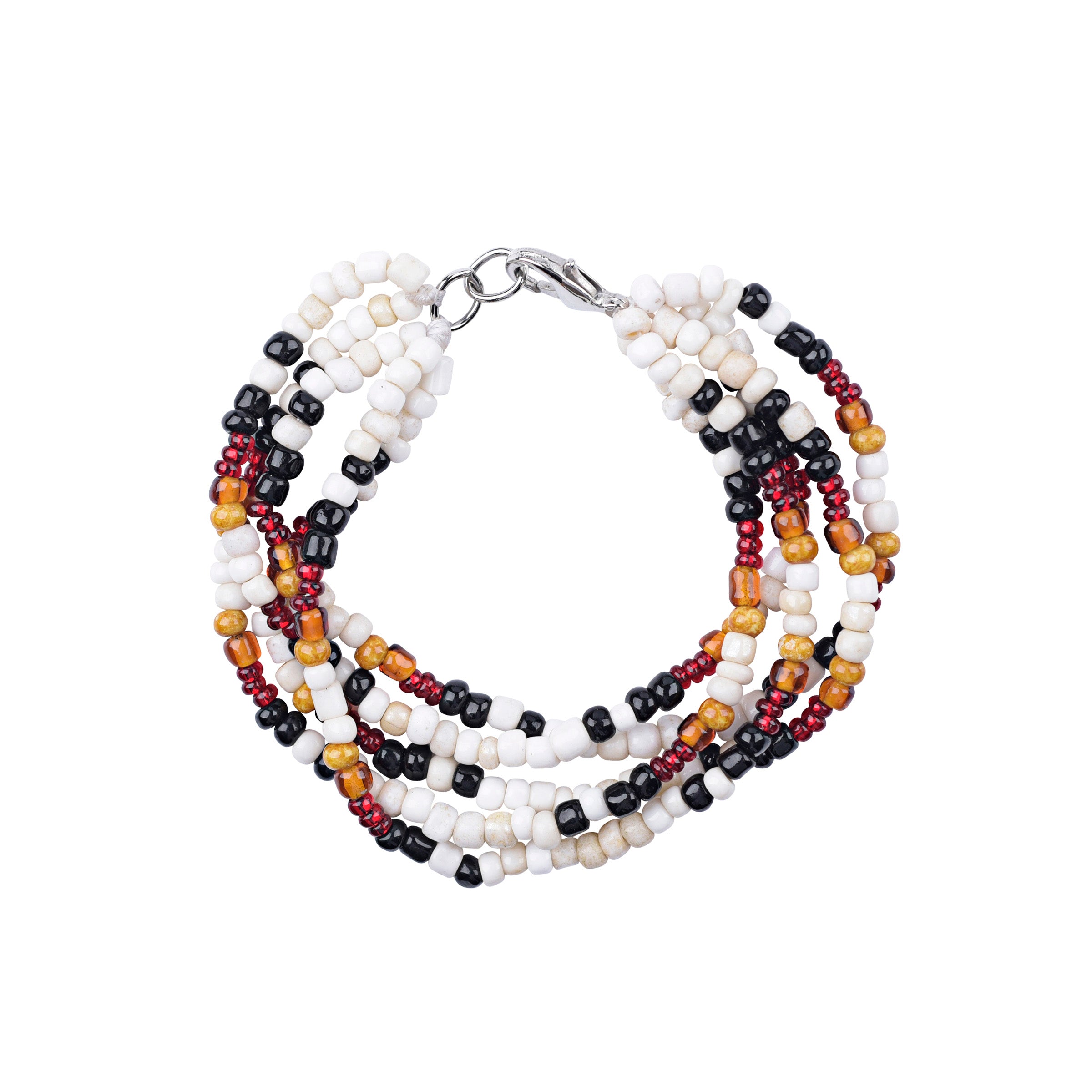 Multi-Strand glass seed bead bracelet in whites, blacks, browns and base metal clasp
