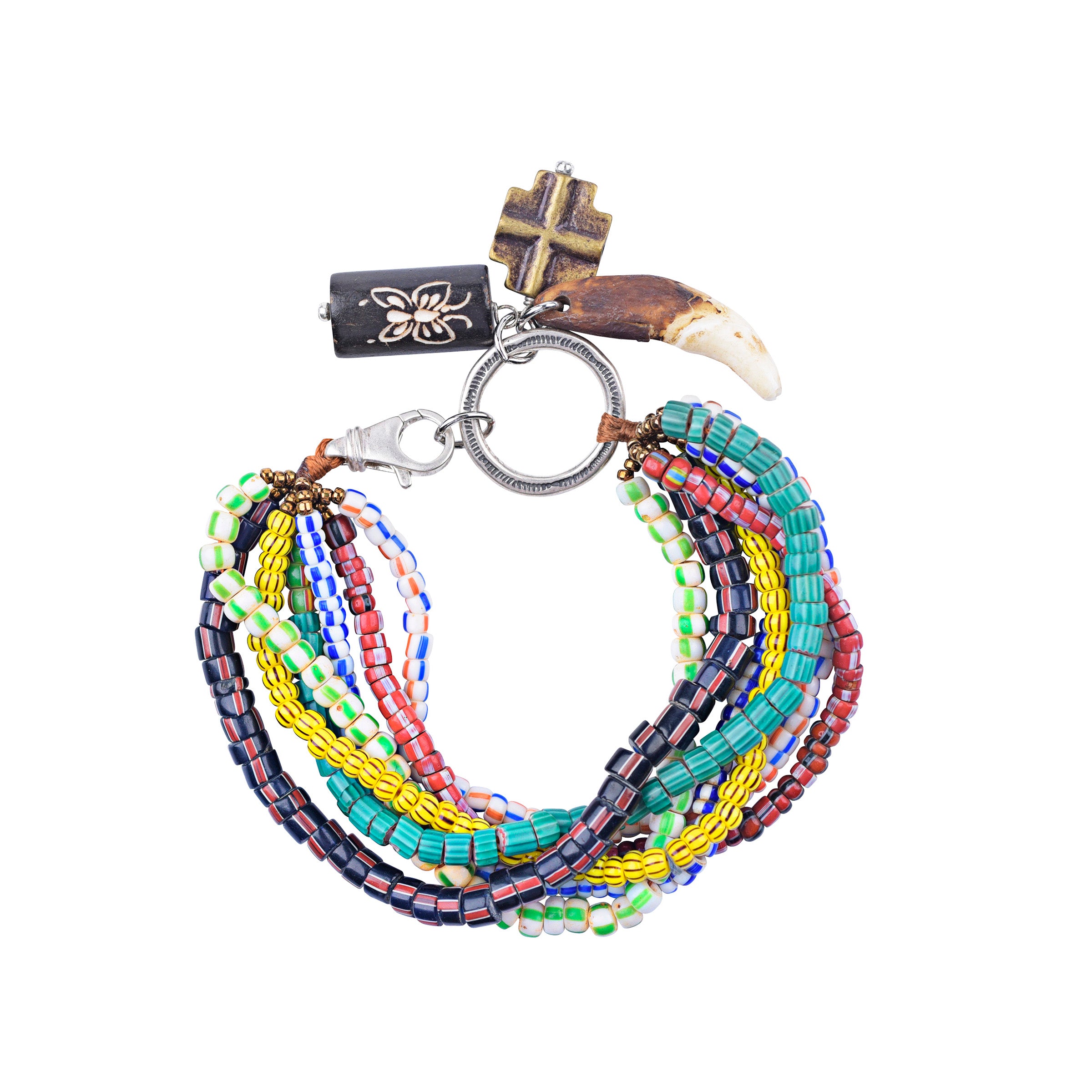 Multiple strands of glass trade beads with large silver loop of charms and sterling silver lobster claw closure.