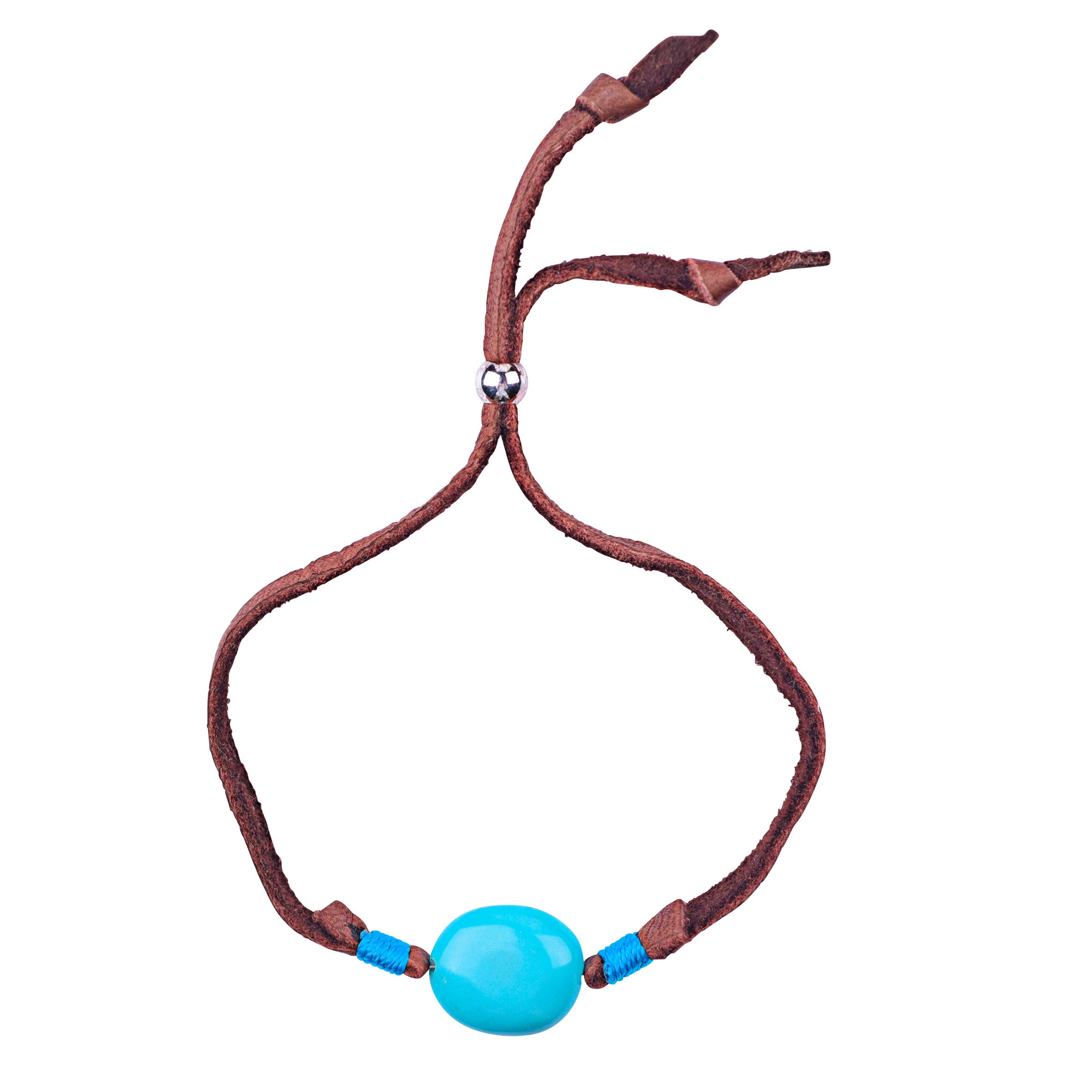Deerskin leather with sterling silver slider bead and large turquoise bead at the center bracelet.