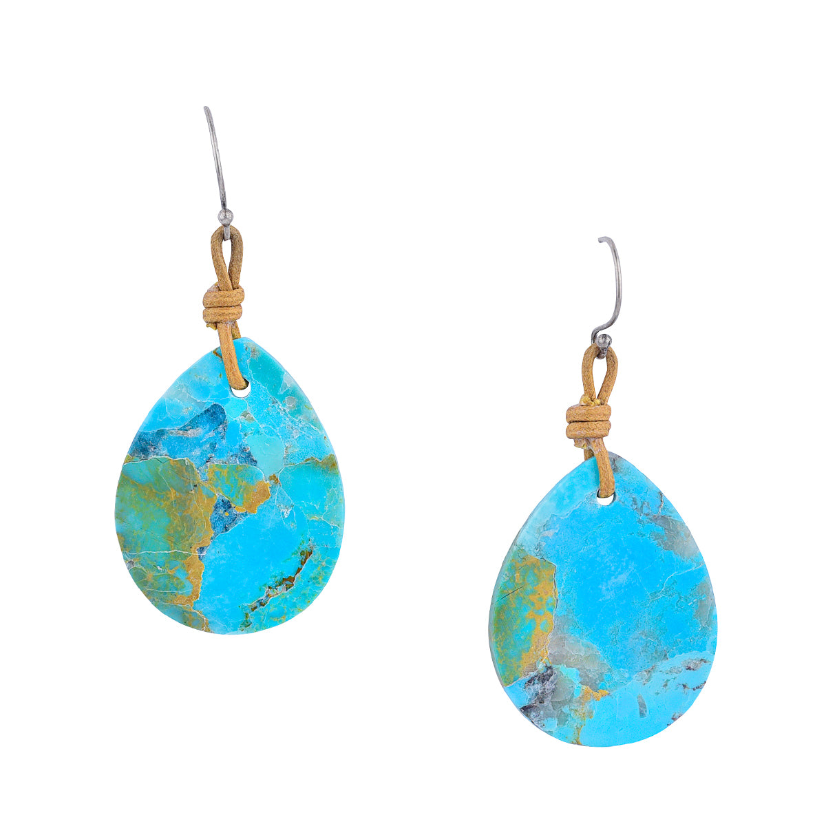 Turquoise Teardrop Earrings with tan cotton cord hanging on sterling silver ear wires.