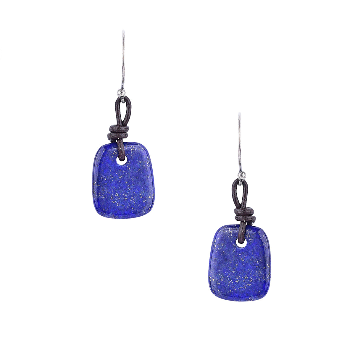 Lapis stones cut in square shapes hanging on goat leather on sterling silver ear wires are these two earrings.