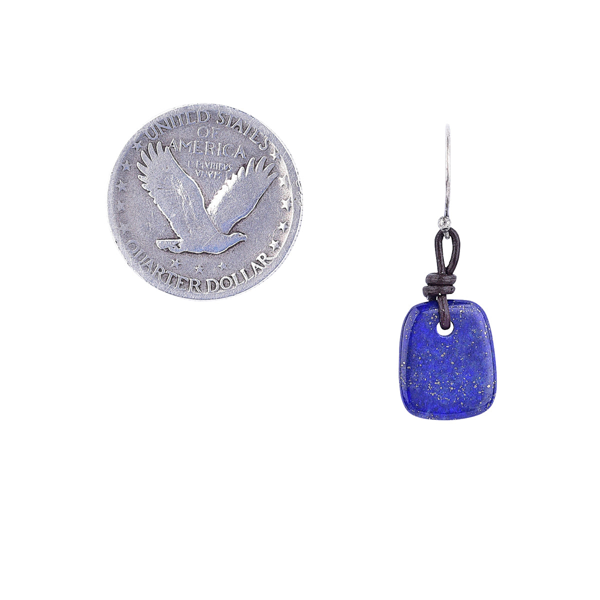 Lapis stones cut in square shapes hanging on goat leather on sterling silver ear wires is this earring next to coin for scale