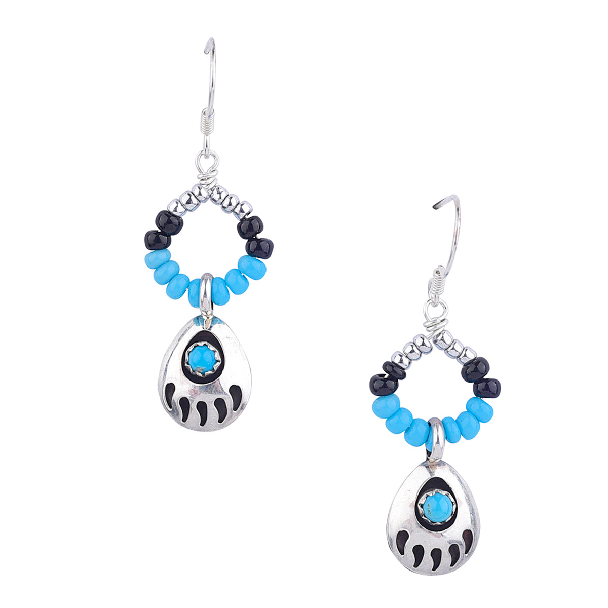 Sterling Silver ear wires with loops of glass seed beads and one main Sterling Silver bearpaw charm and Turquoise inlay Earrings.