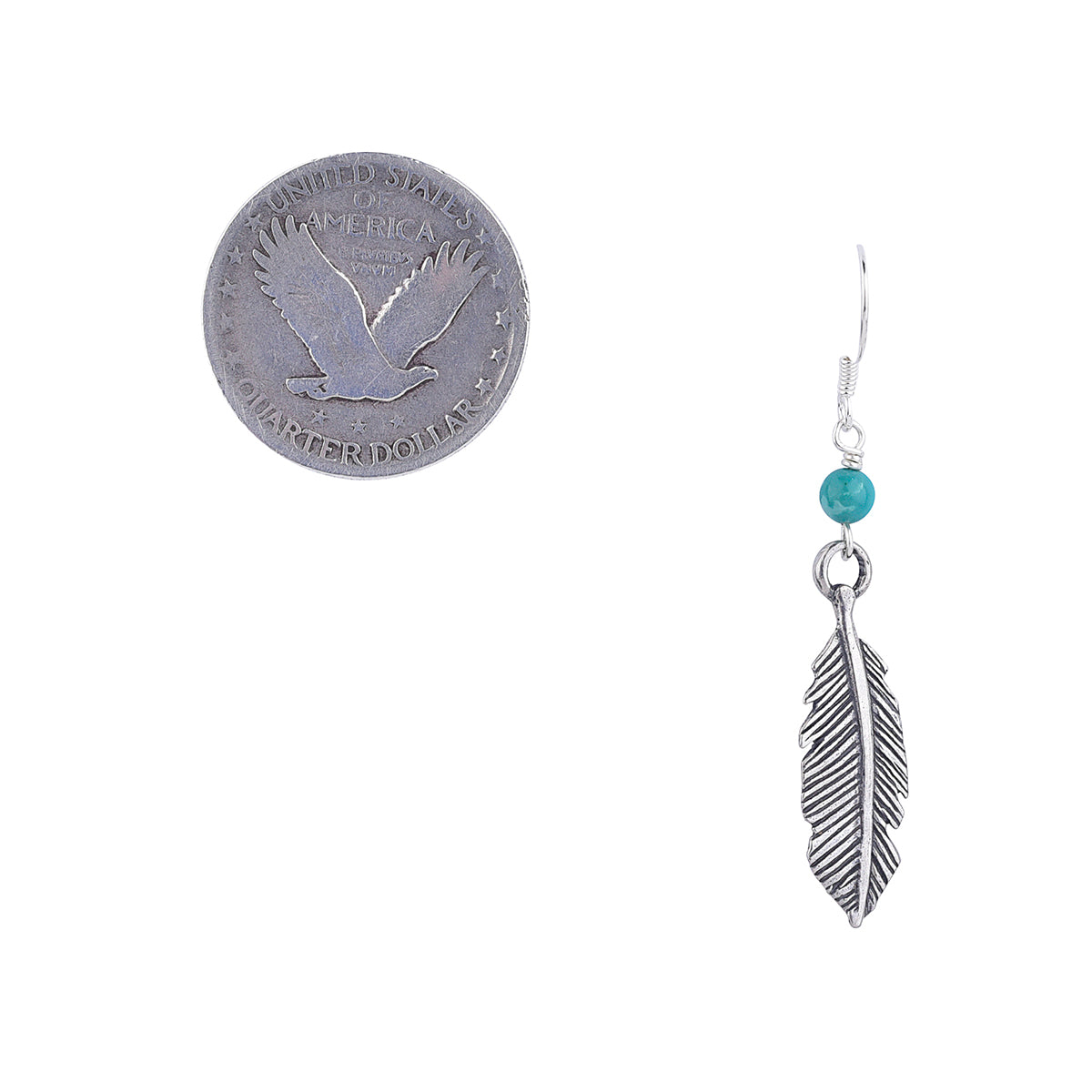 Sterling Silver ear wires with turquoise bead and large Sterling Silver Feather pendant earring next to coin for scale