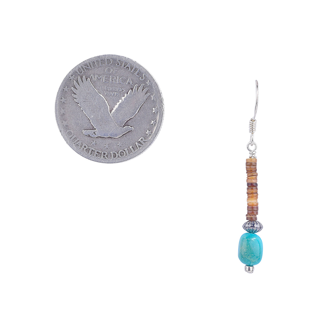 Sterling silver ear wire with heishi brown lip shells and corrugated sterling silver bead with turquoise nugget on end of earring with coin for scale.