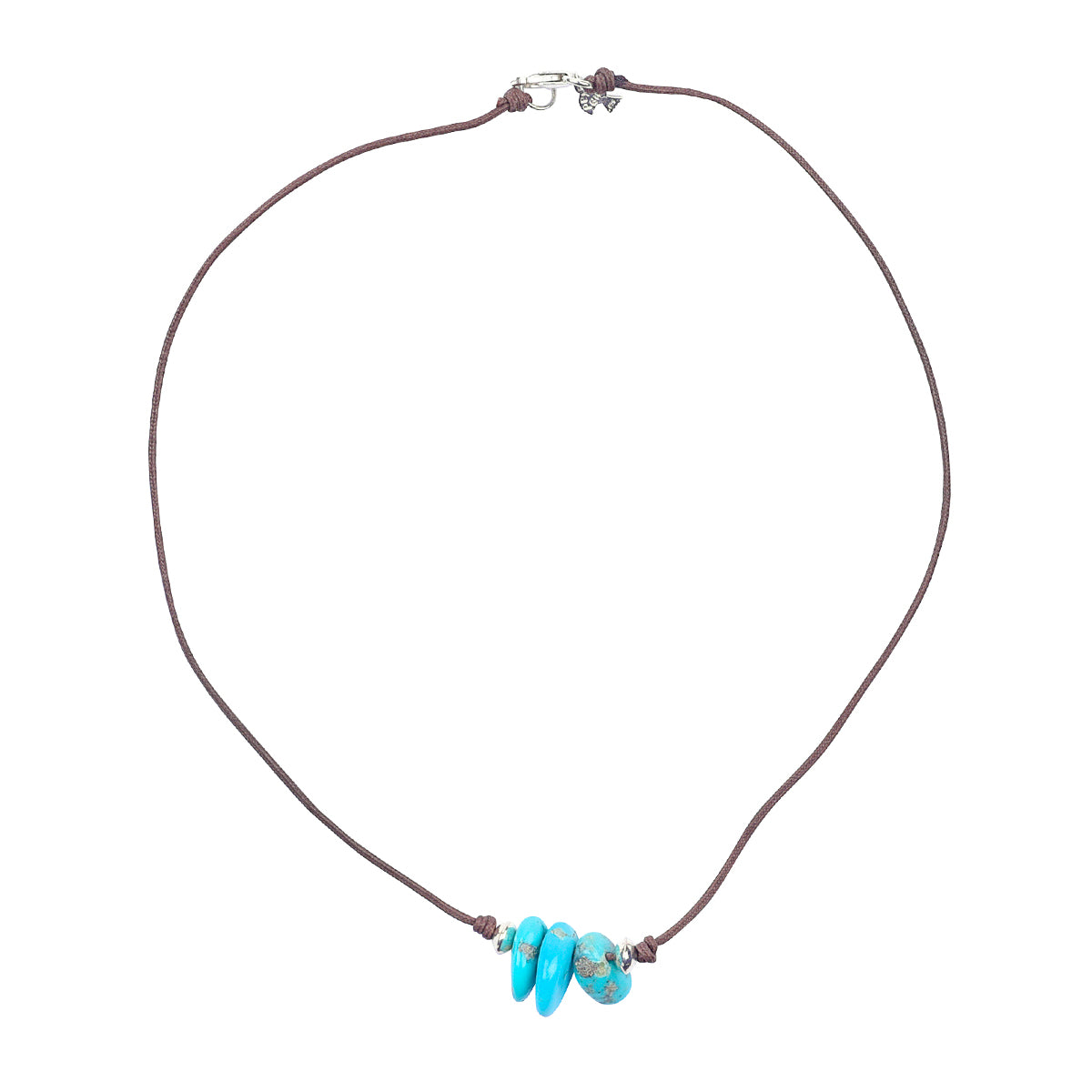 Sterling Silver lobster claw clasp with brown cotton cord centered around 3 large Turquoise beads Necklace.
